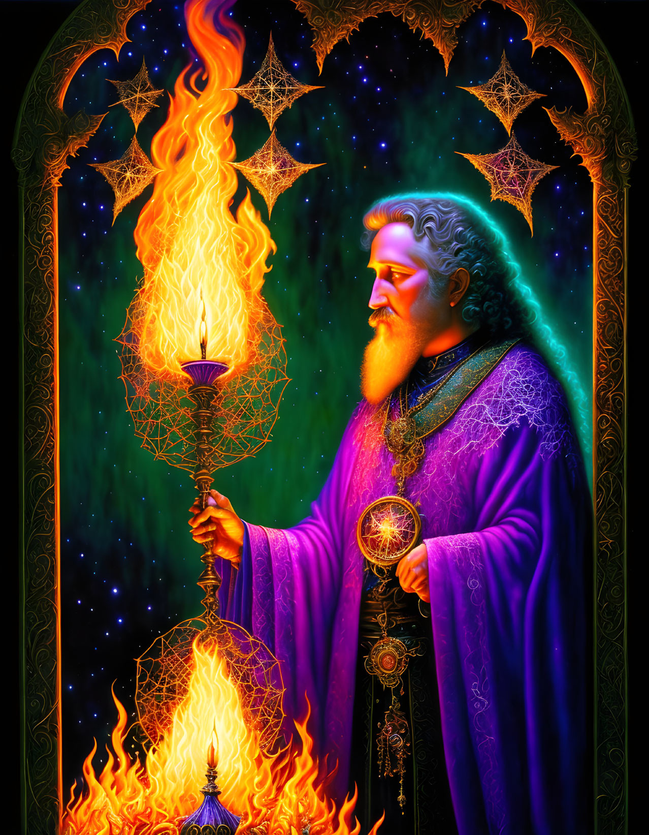 Old wizard in purple robes with flaming orb staff amidst magical symbols.