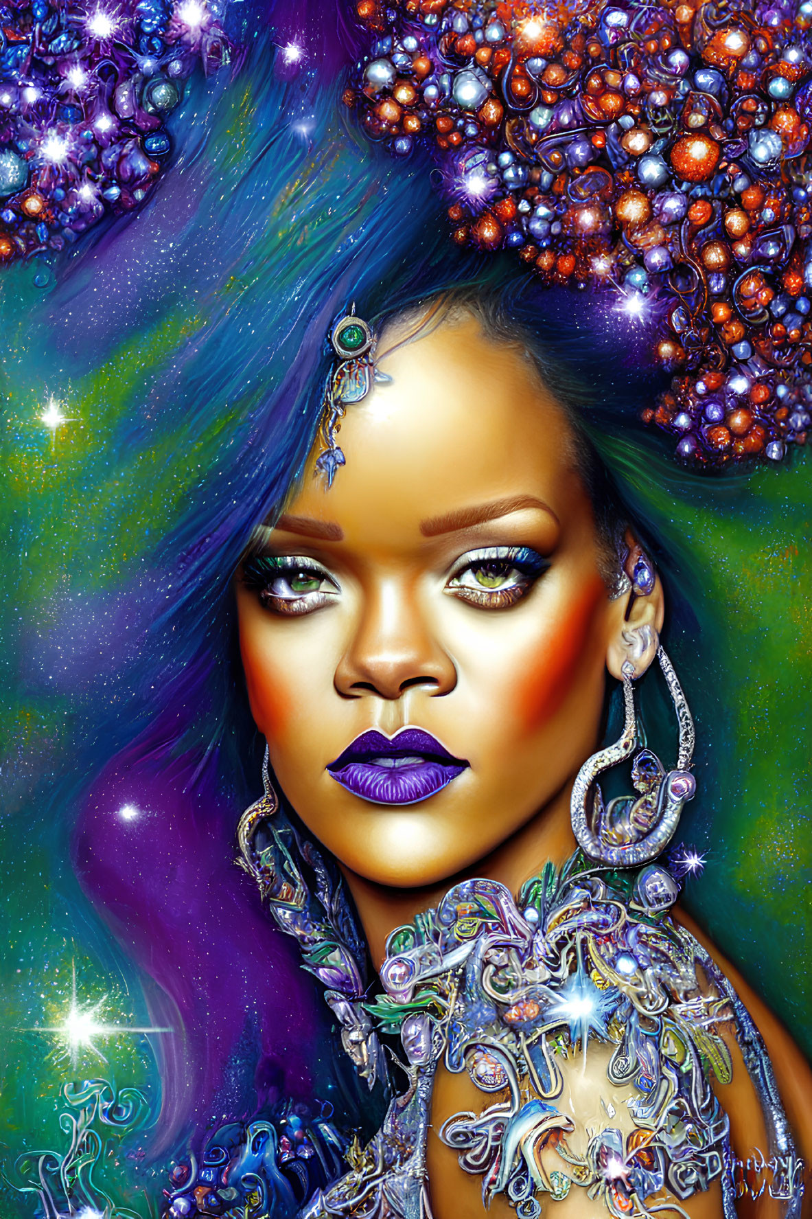 Colorful digital portrait of woman with space-themed makeup and celestial hair.