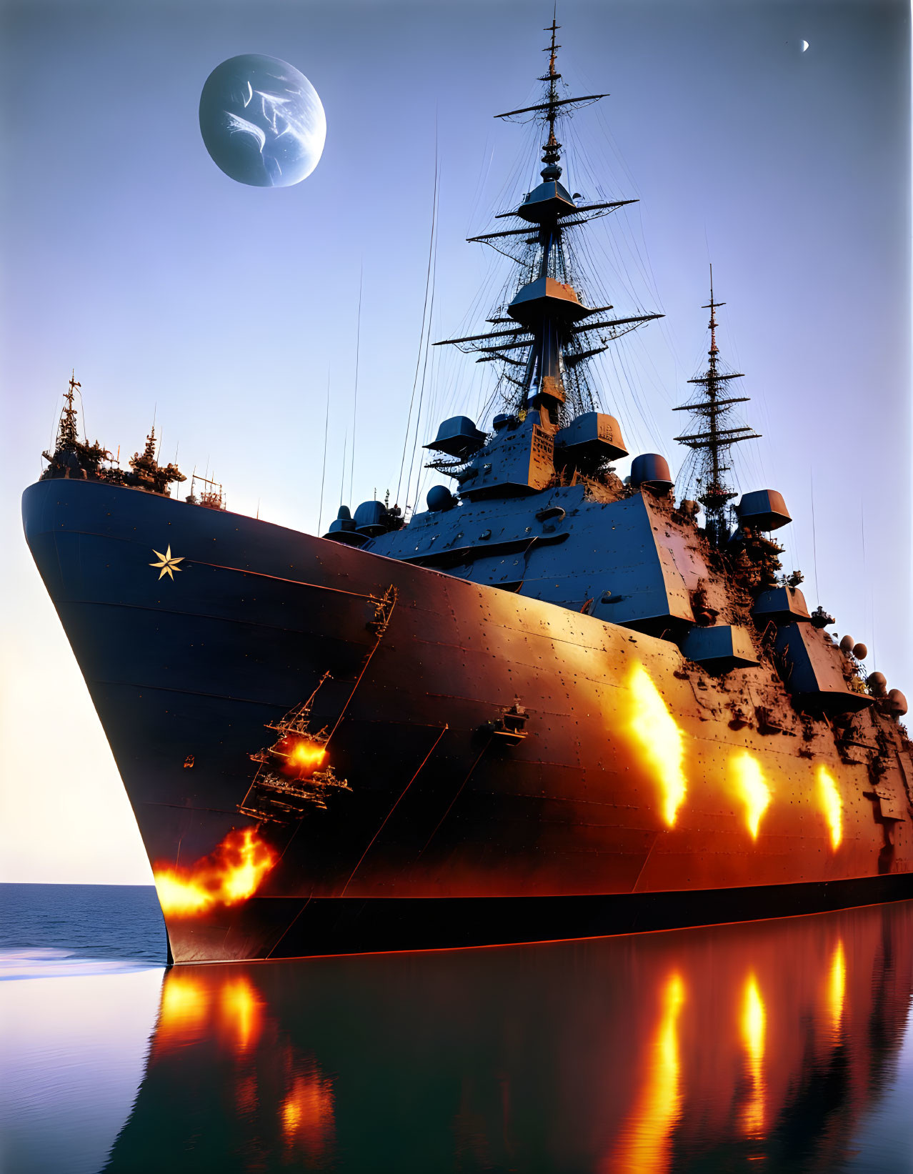 Battleship at sunset with warm light and planet in background