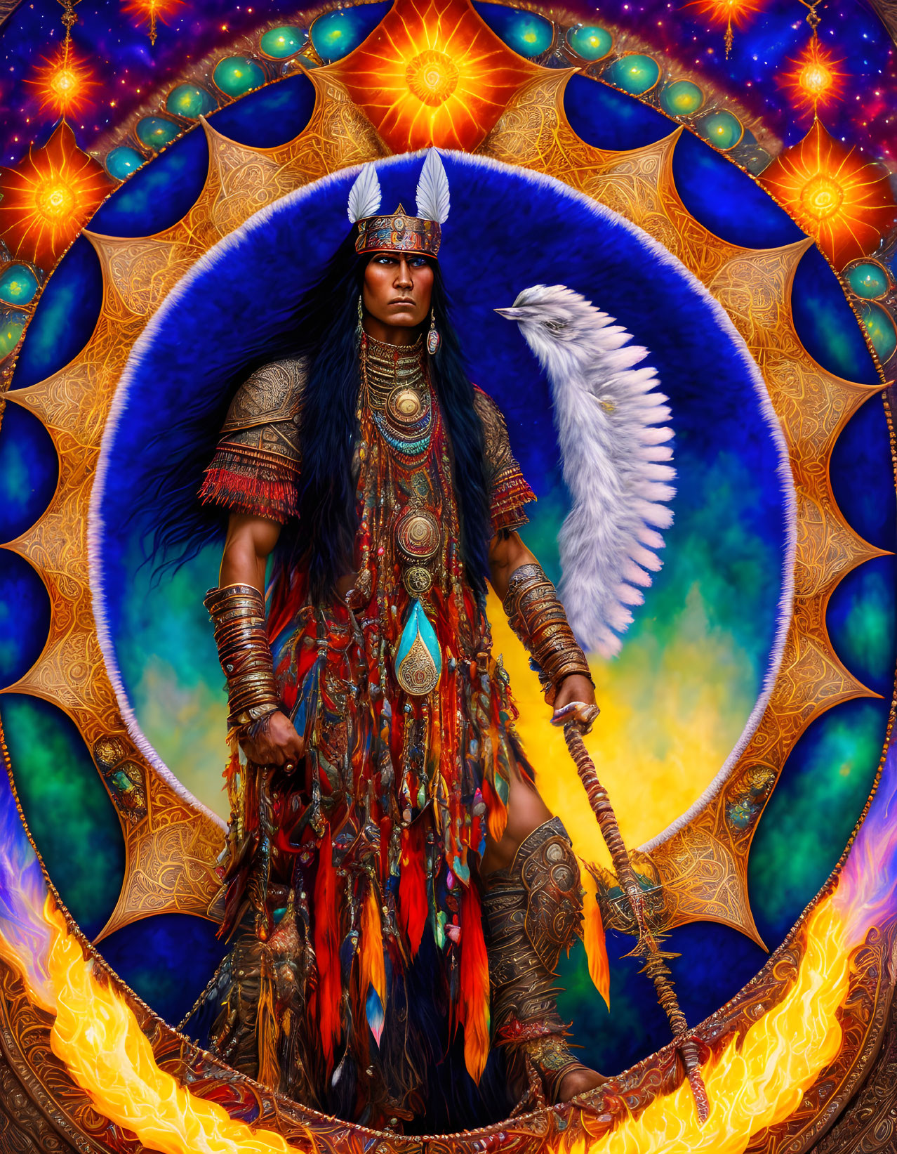 Person in tribal attire with feathered headdress and staff, holding bird, in cosmic setting.