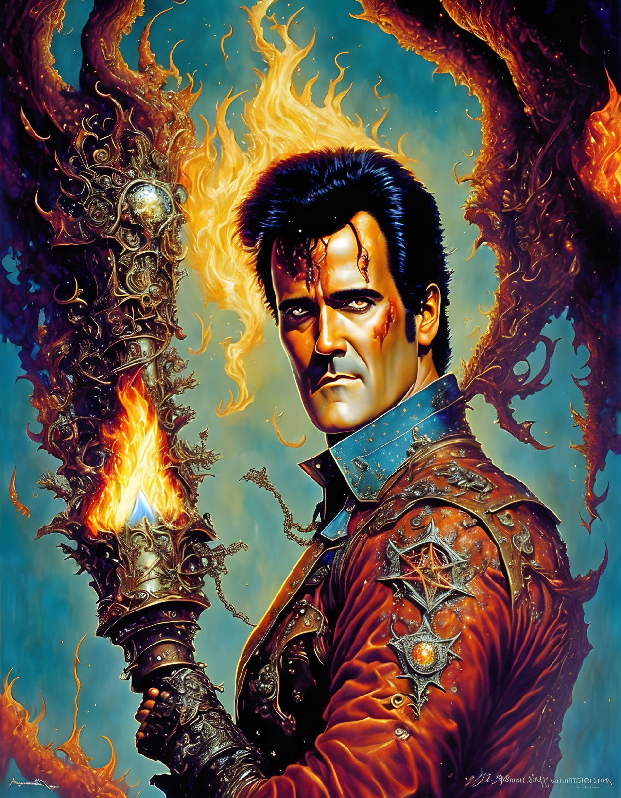 Detailed illustration of man with stern expression holding flaming sword in intricate design and flames on blue background