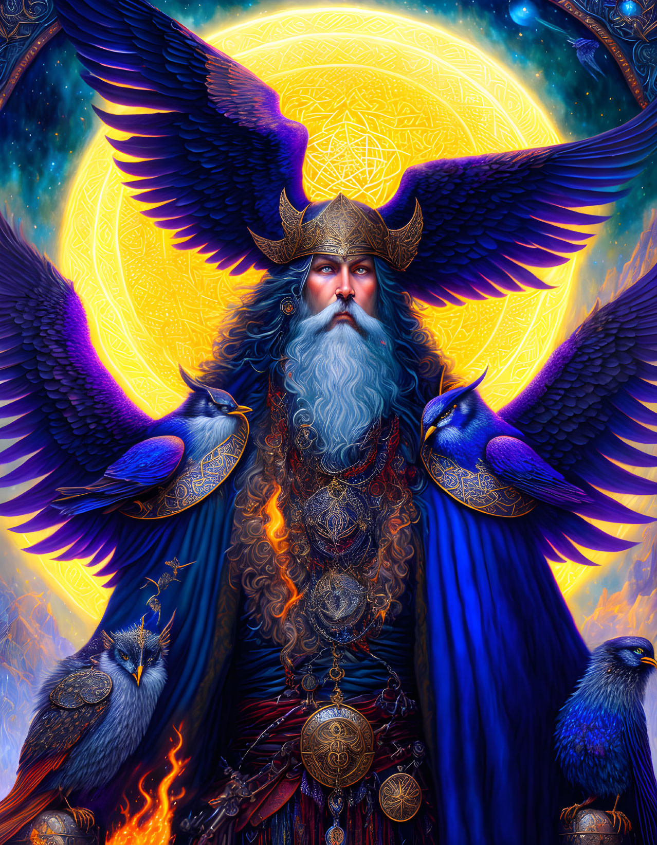 Mystical illustration of bearded figure with crown, peacocks, ravens, glowing moon