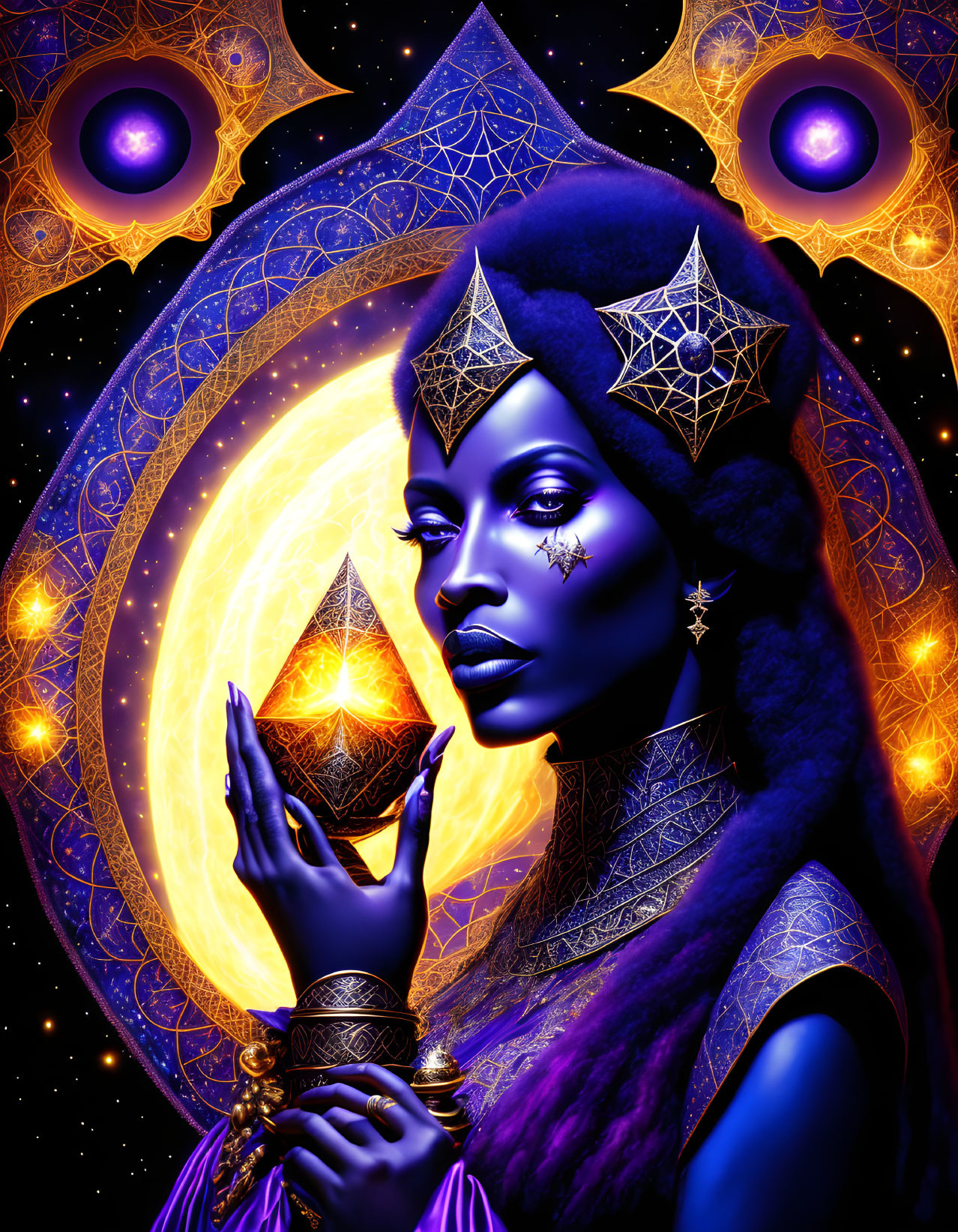 Blue-skinned woman with celestial jewelry holding glowing orb in mystical setting