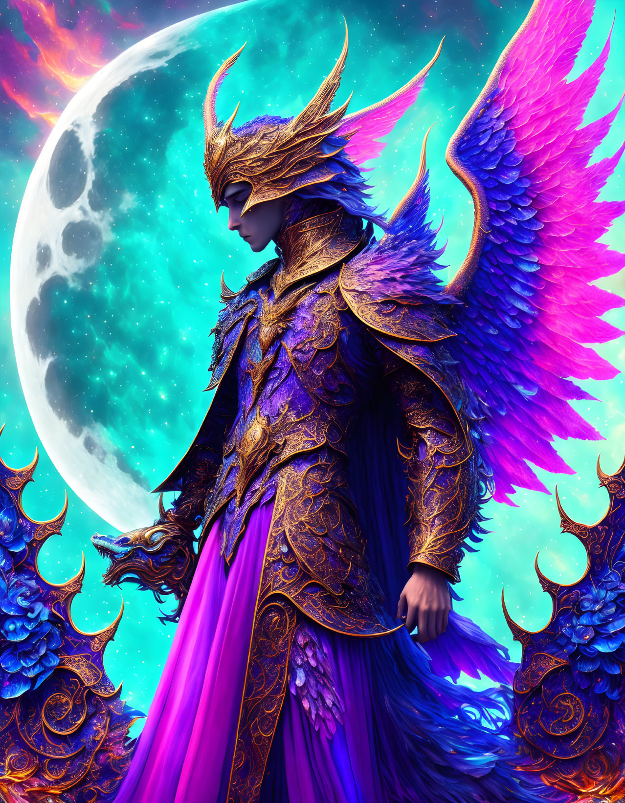 Golden-armored figure with pink wings in celestial setting