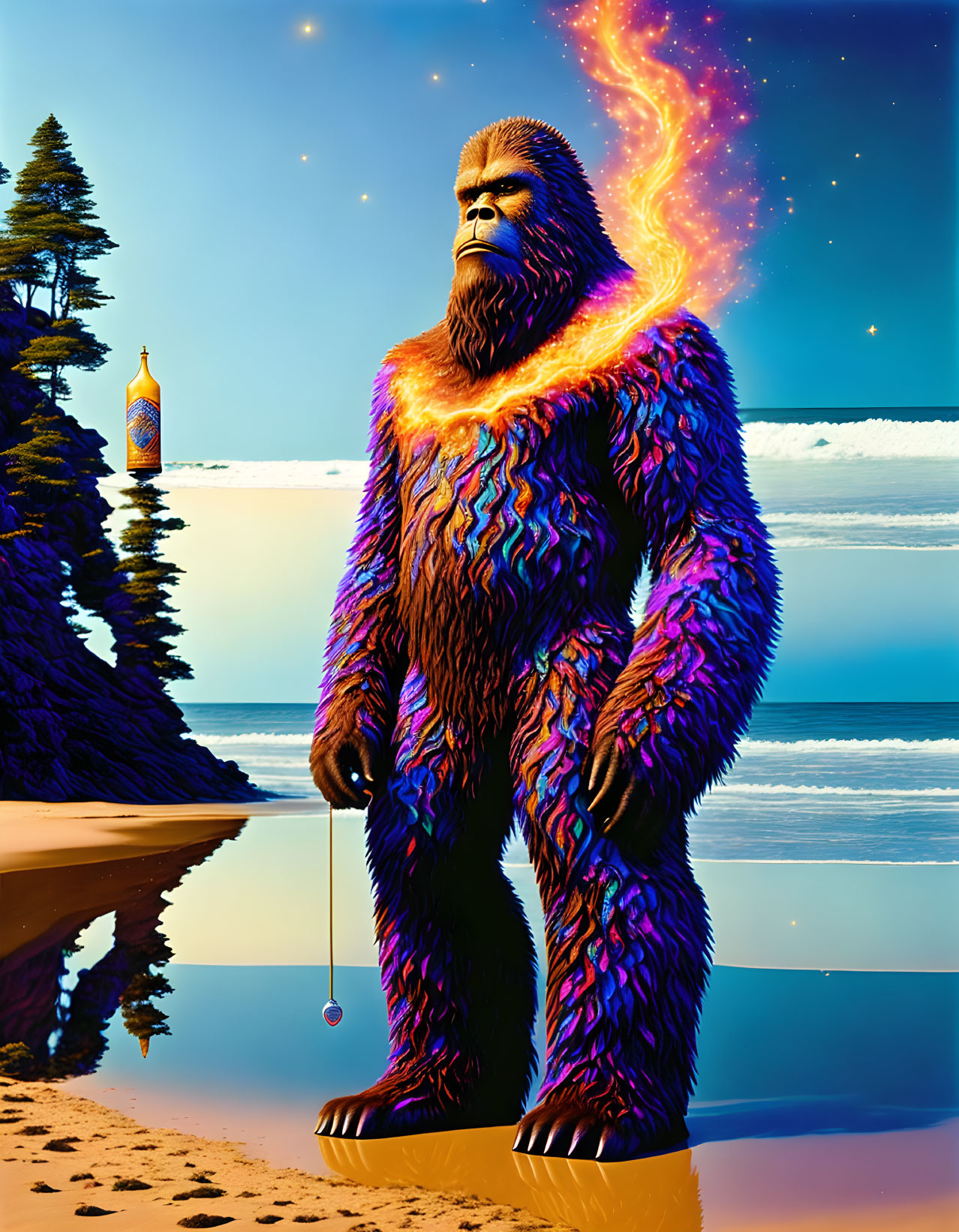 Colorful Bigfoot-like creature with pendulum on cosmic beach