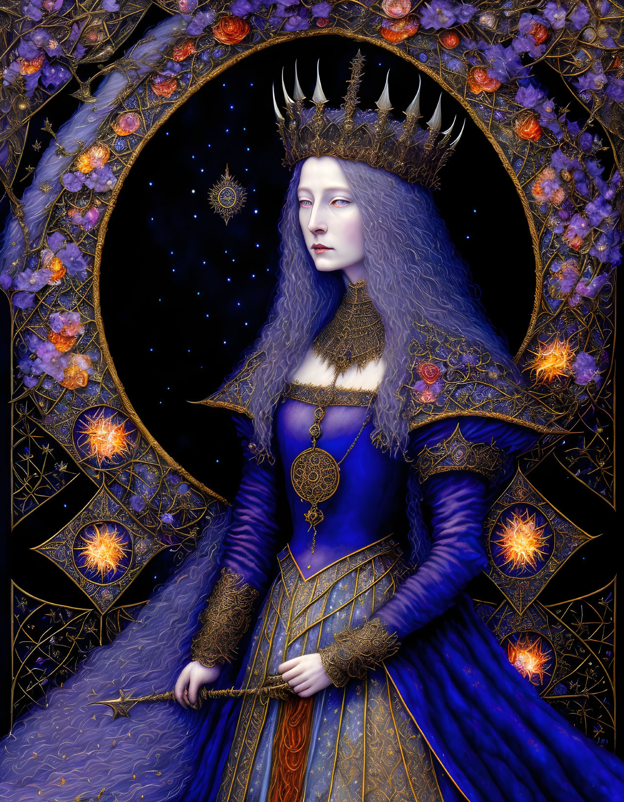 Illustrated Queen in Rich Blue Dress with Golden Trim and Headdress Amidst Starry Floral Backdrop