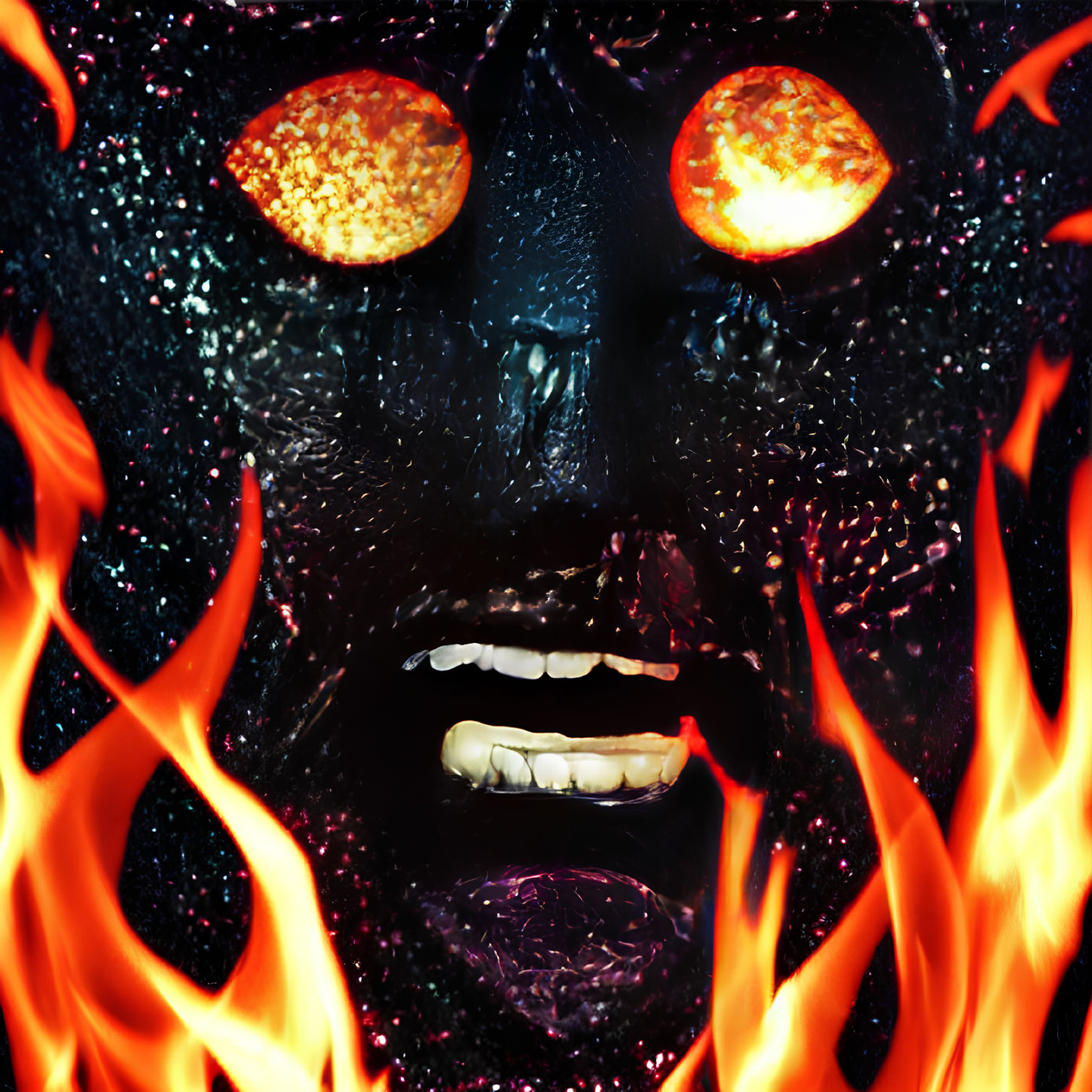 Surreal face with fiery orange eyes and flames on black background