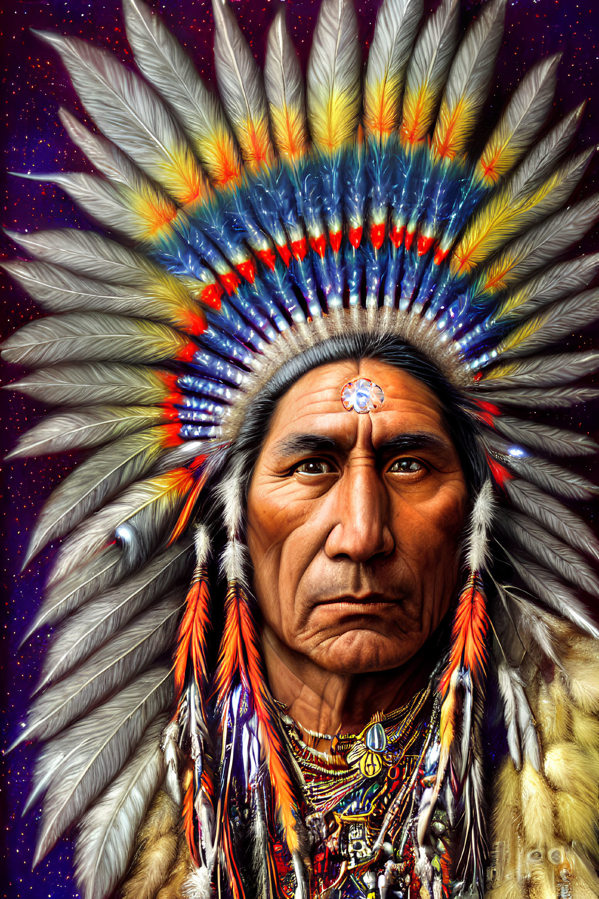 Colorful Native American headdress portrait against starry night background