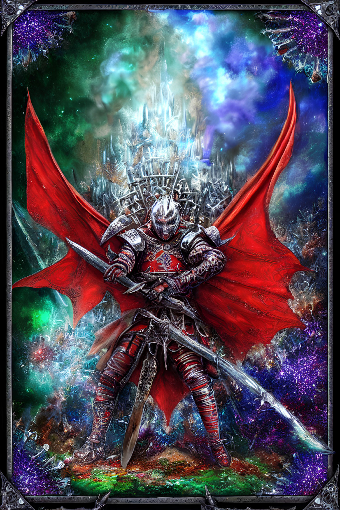 Armored fantasy character with wings and sword in cosmic backdrop