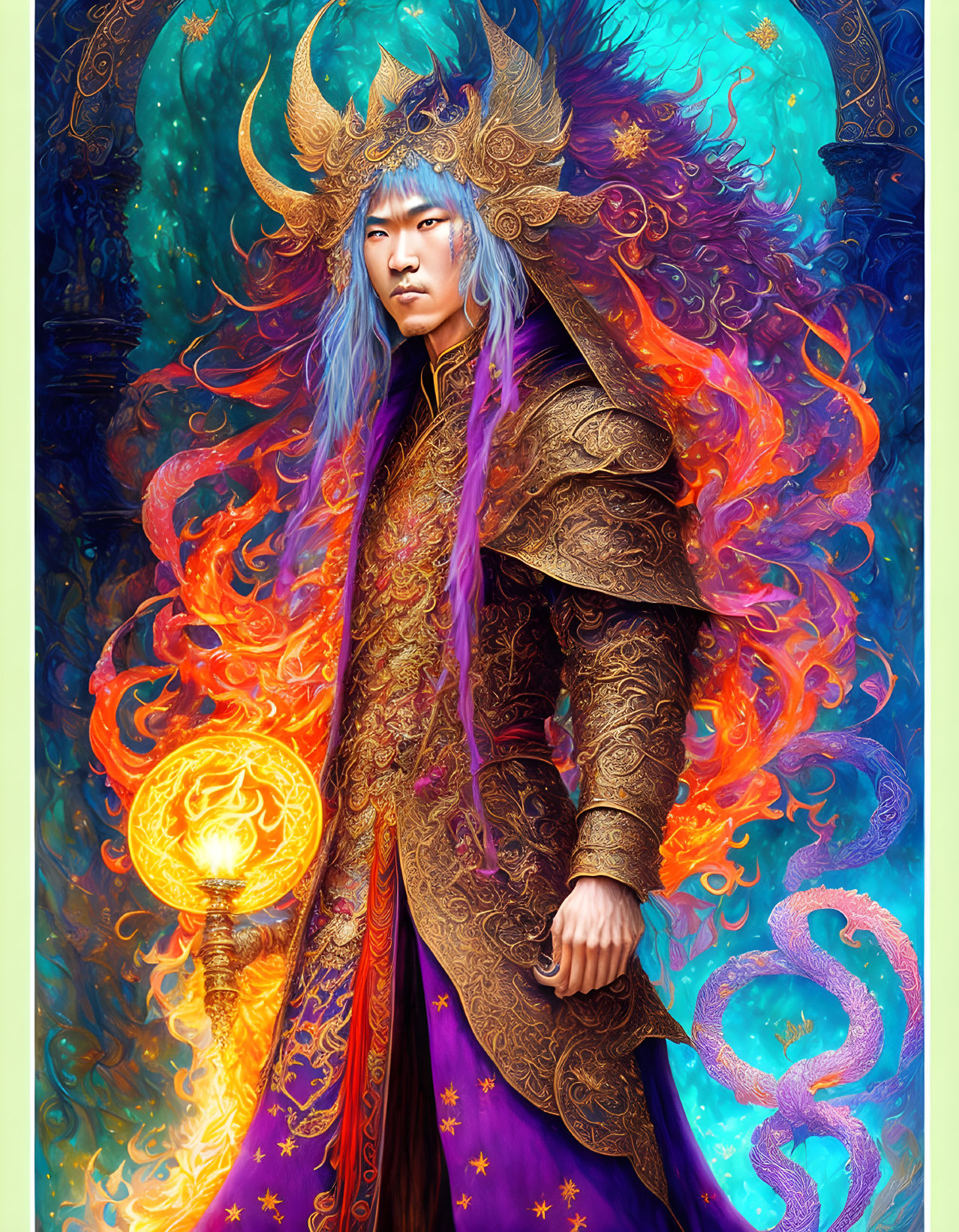 Fantasy character in golden armor with fiery cloak and glowing orb