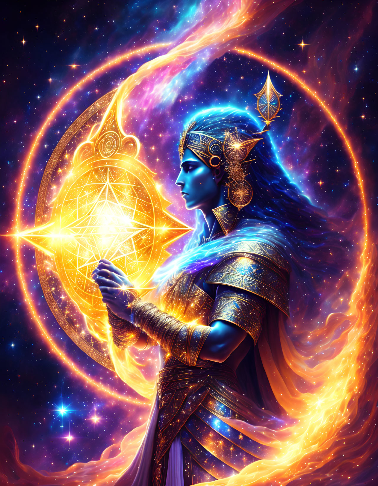 Blue-skinned cosmic entity adorned with gold holds glowing star in vibrant nebula