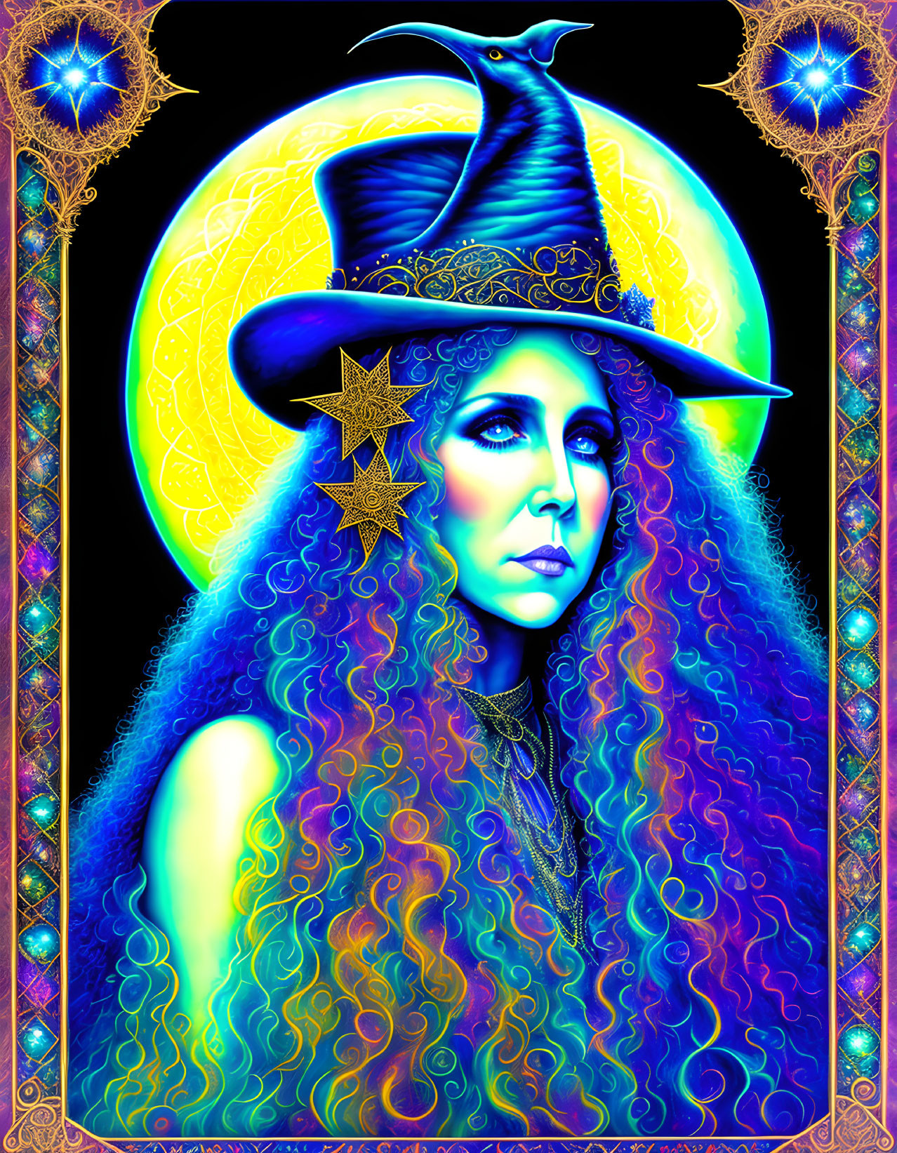 Colorful illustration: mystical witch with long hair and star hat under full moon