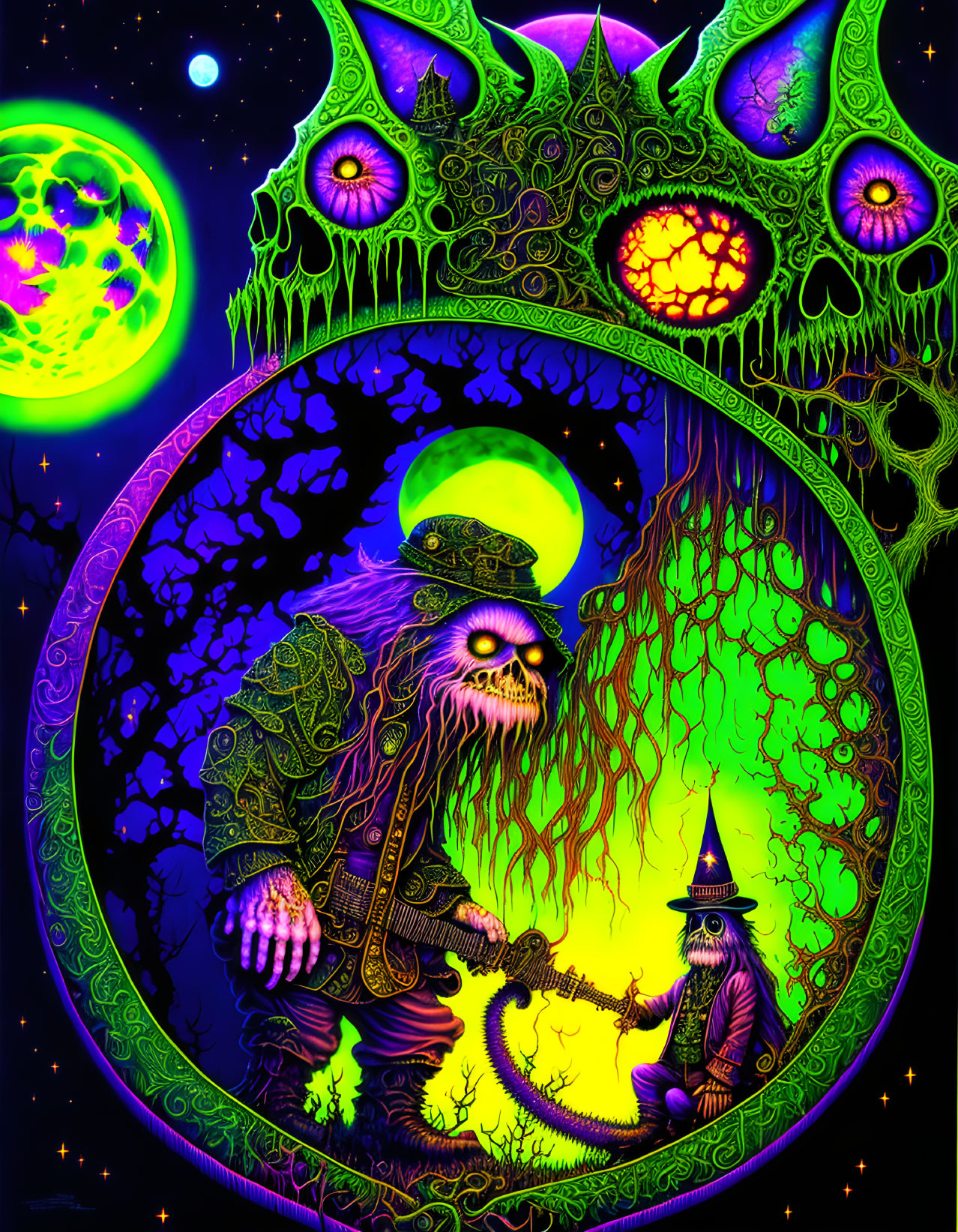 Colorful illustration of mystical figures in cosmic setting