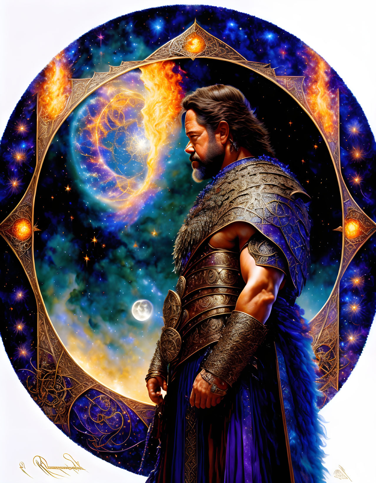 Bearded figure in ornate armor against cosmic backdrop