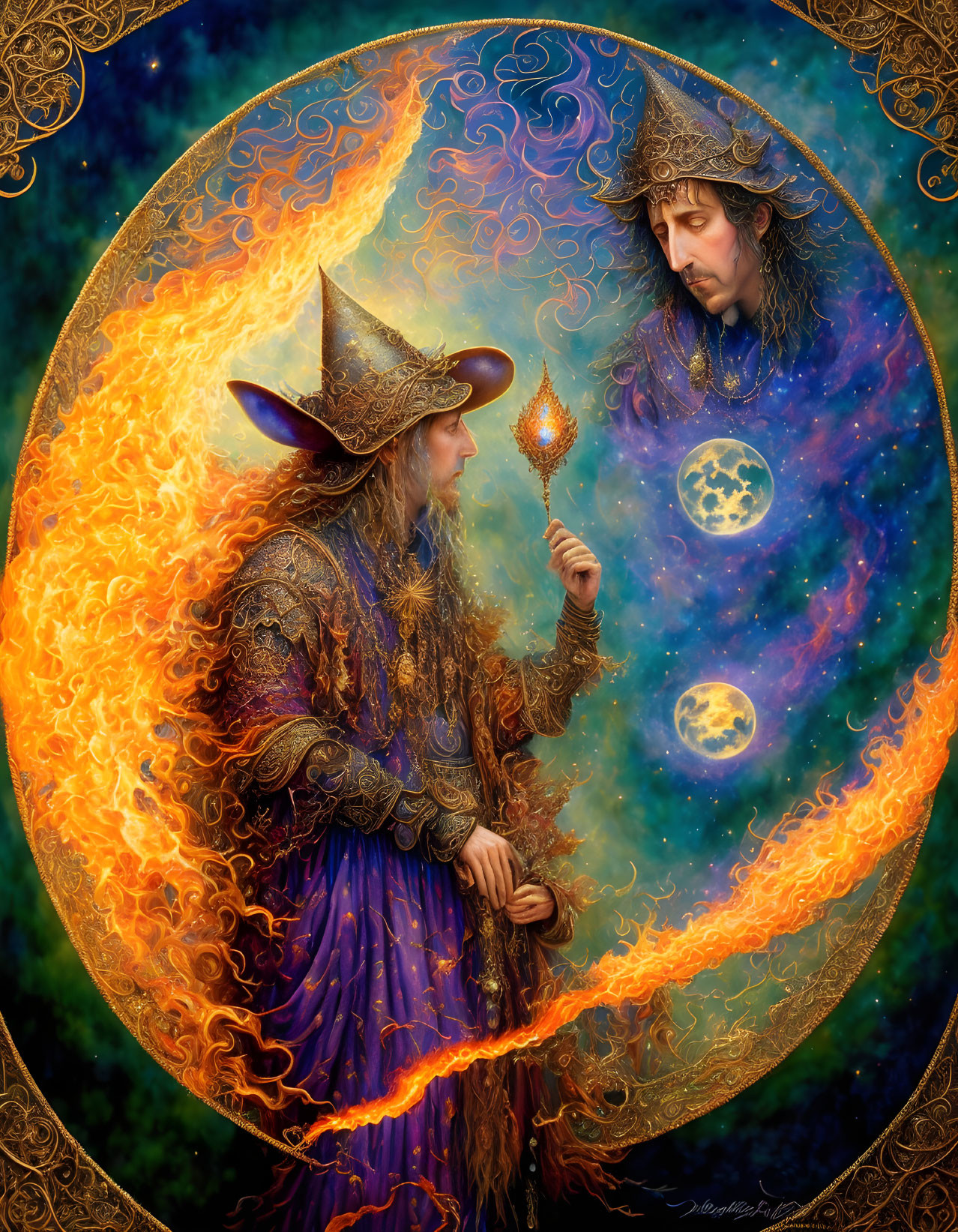 Detailed Illustration of Two Wizards in Circular Frame with Magical Elements