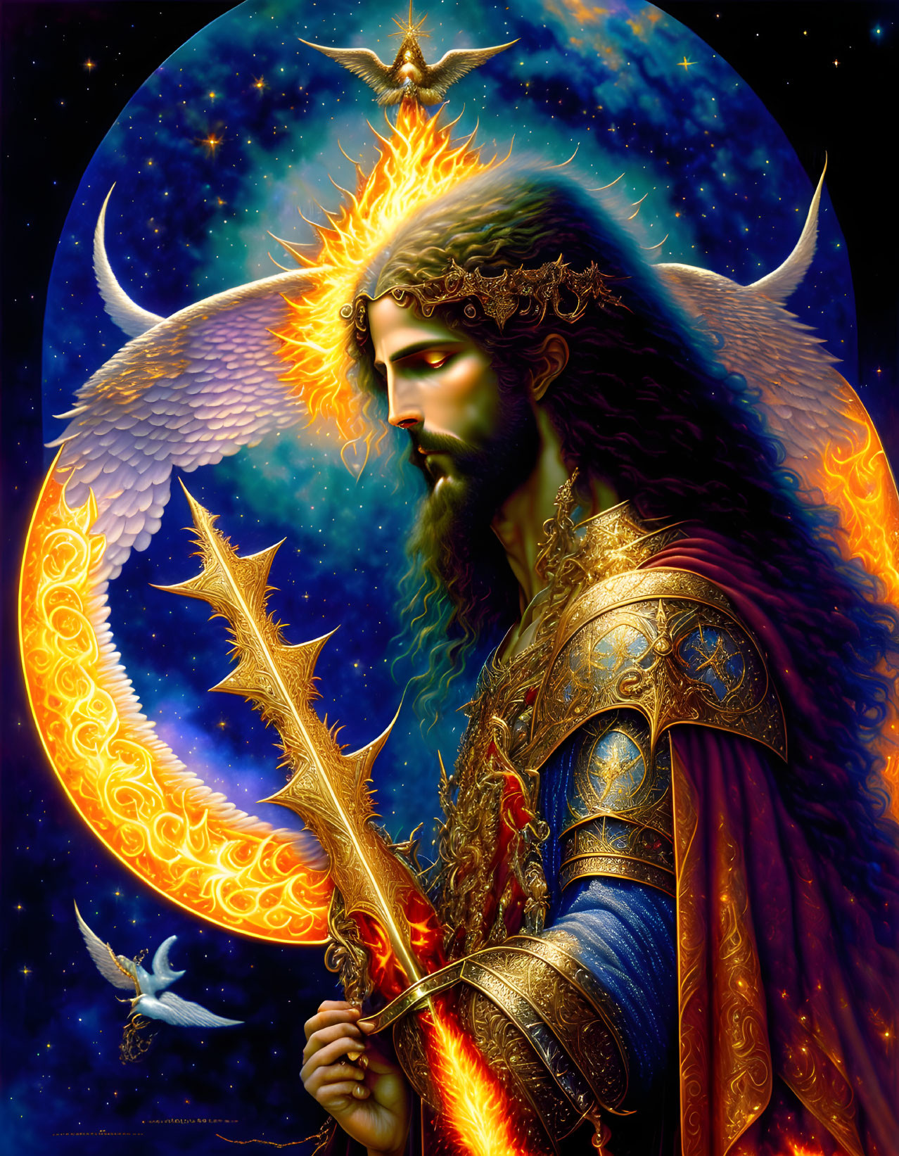 Majestic figure with fiery halo, armor, and scepter in cosmic setting.