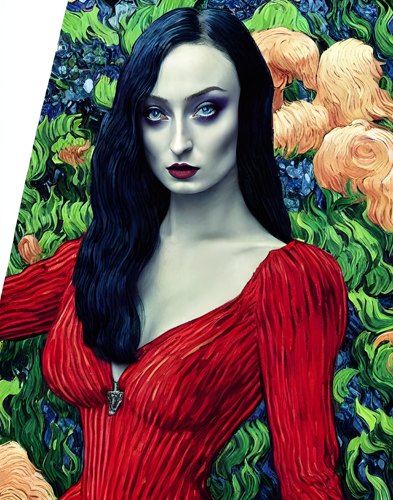 Dark-haired woman in red dress against Van Gogh-style background