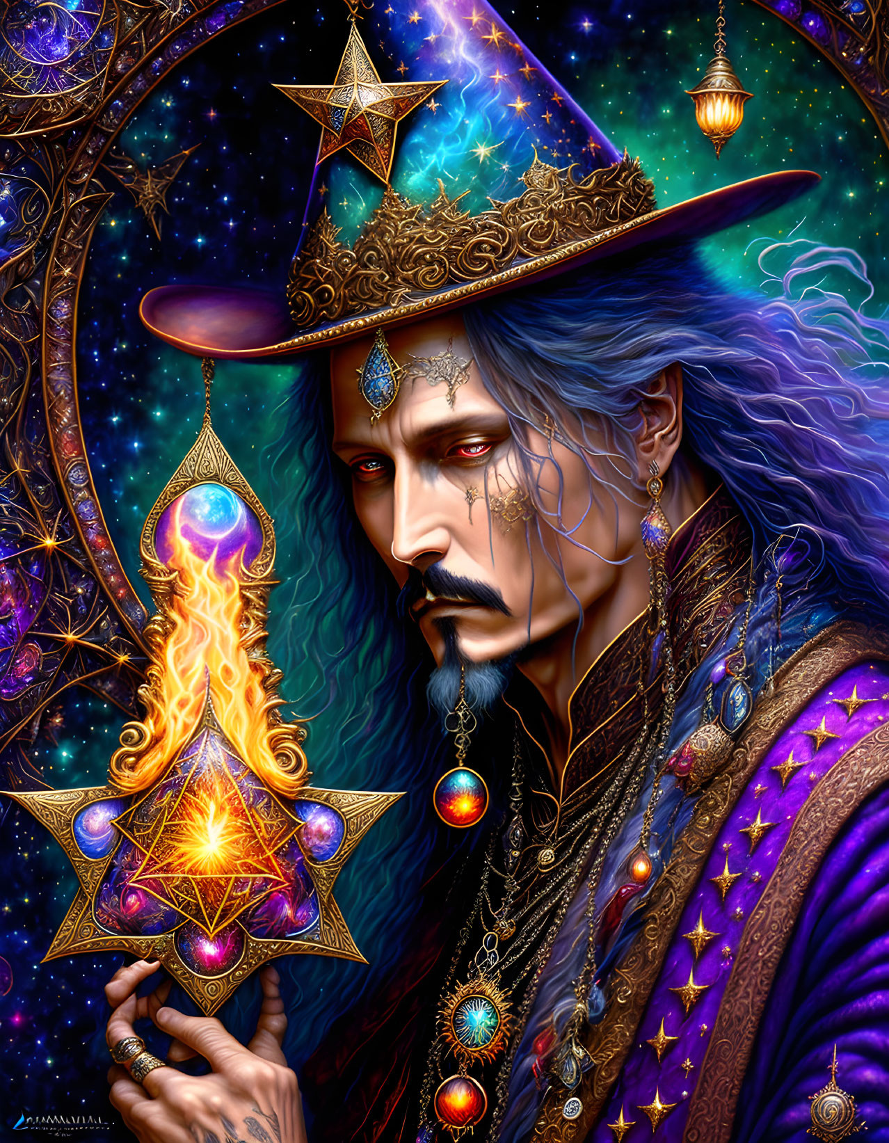 Detailed cosmic-themed wizard illustration with star-lantern and celestial hat.