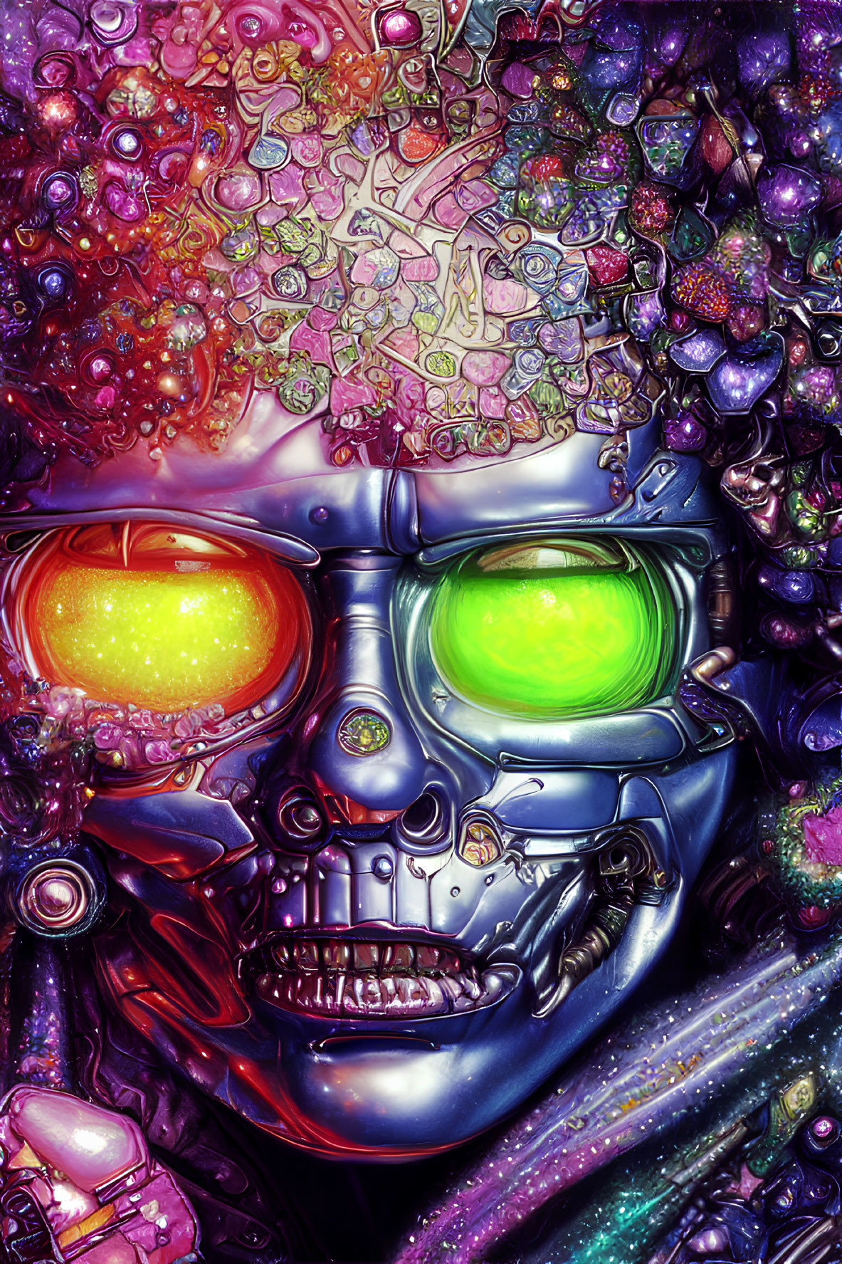 Vibrant Robot Face Artwork with Psychedelic Colors