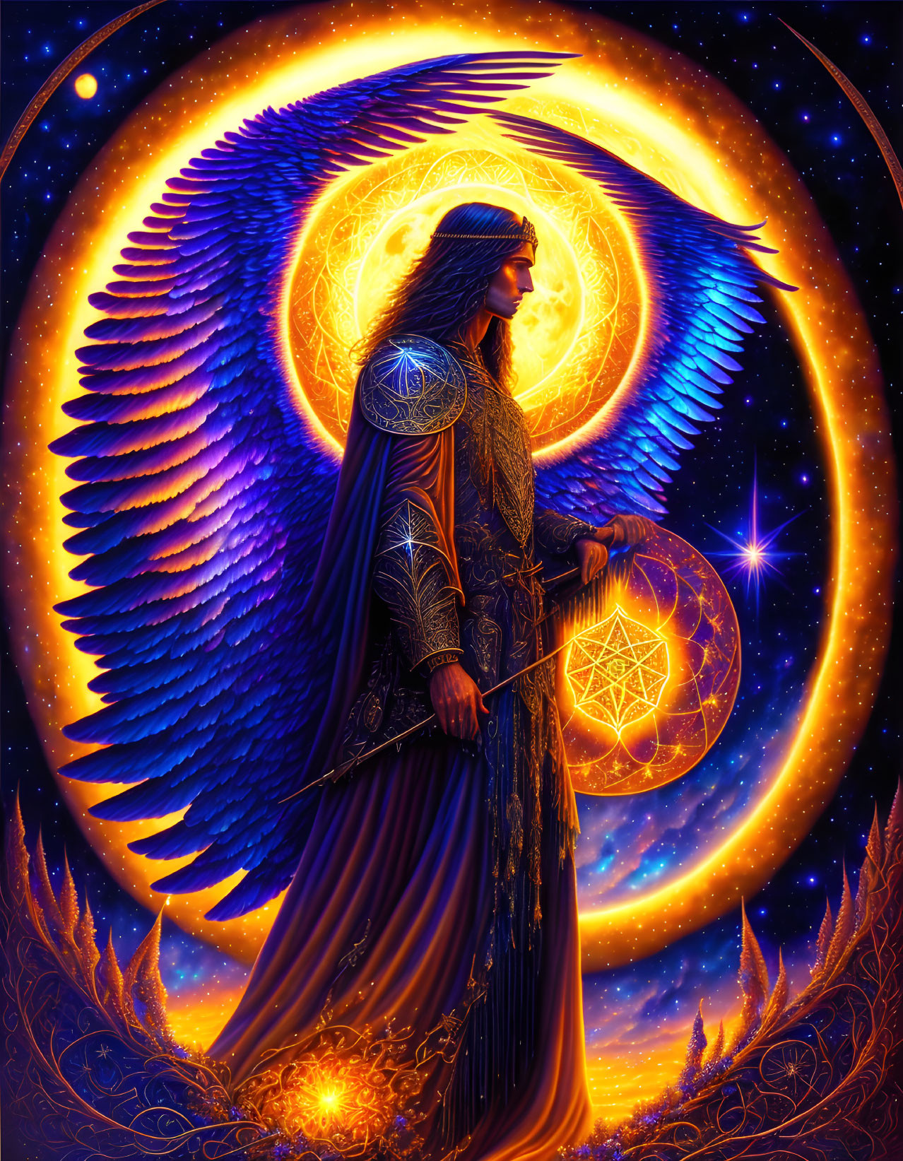 Majestic winged figure with halo and sword in cosmic setting