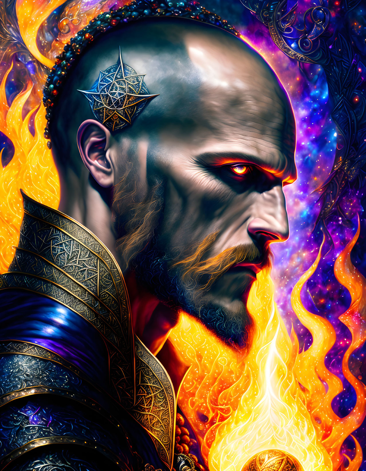 Vibrant digital artwork: Bald man with red eye, geometric tattoo, fiery and cosmic elements.