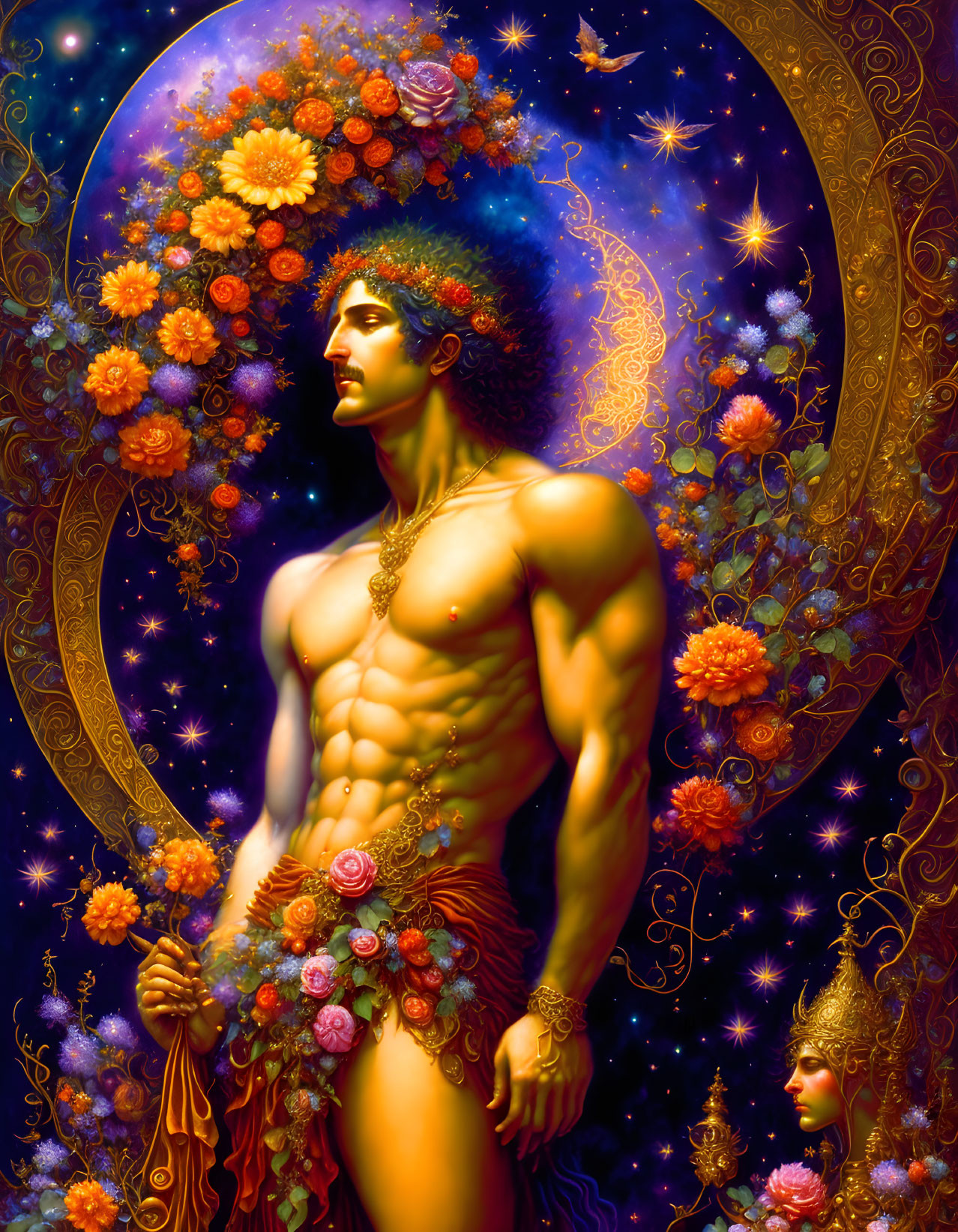 Colorful illustration: Muscular man with floral adornments in cosmic setting