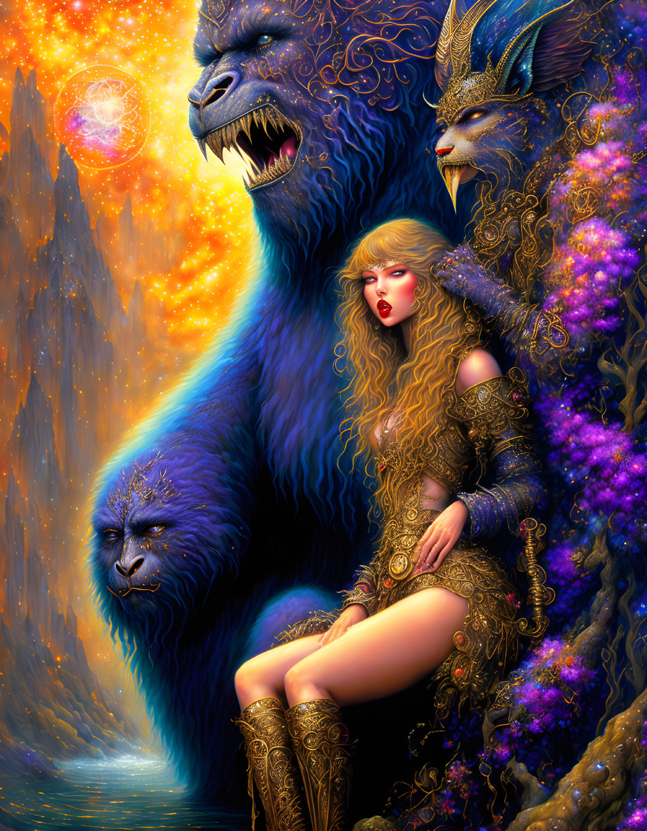 Fantasy illustration: Woman with blue lion-like beasts and gorilla in cosmic setting