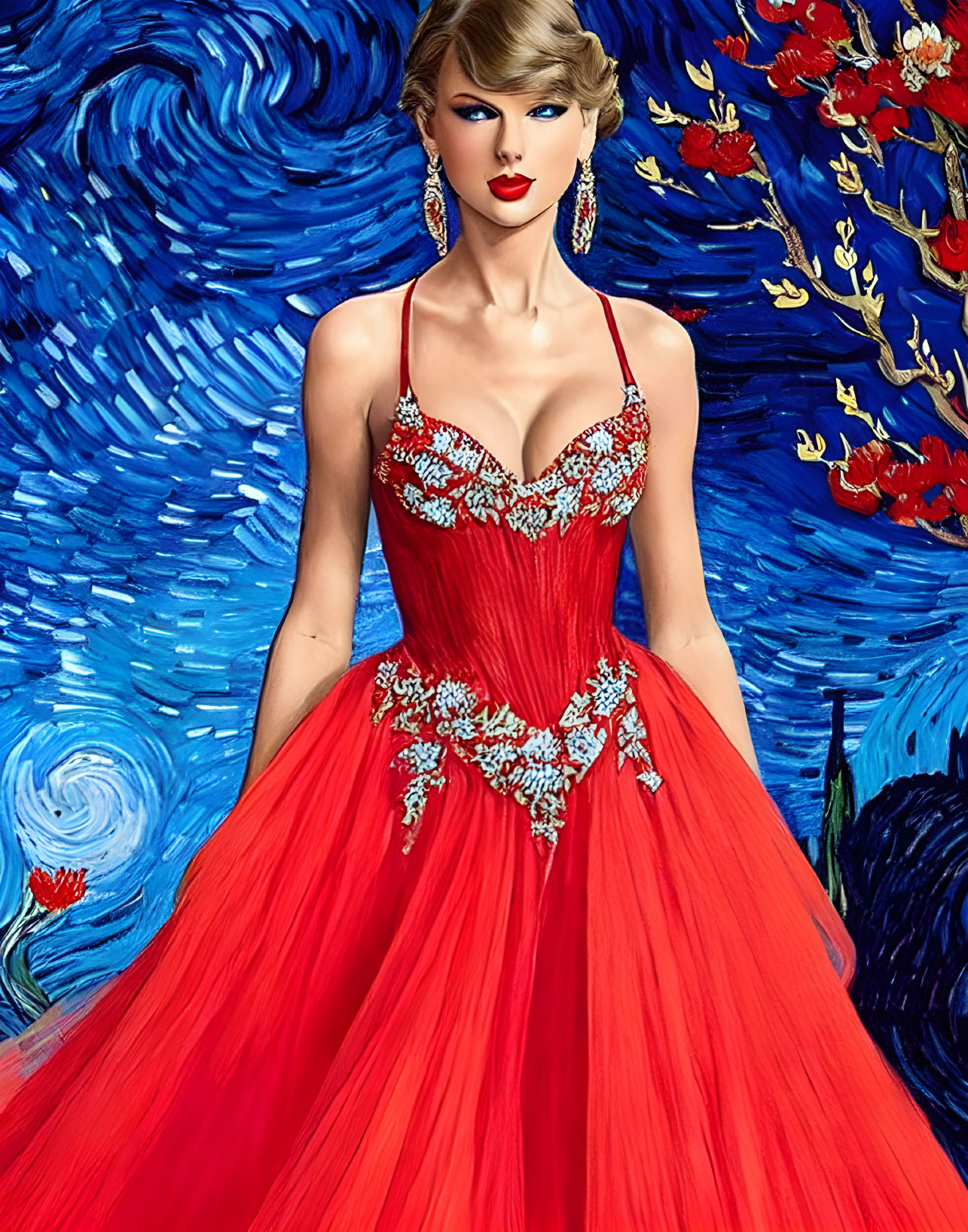 Woman in Elegant Red Gown with Floral Embroidery on Swirling Floral Background