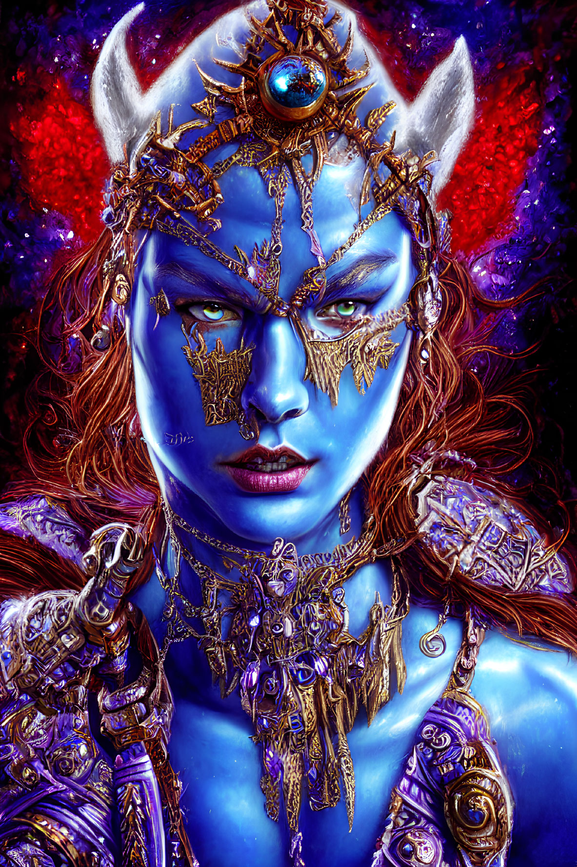 Blue-skinned being in ornate golden armor and headpiece.