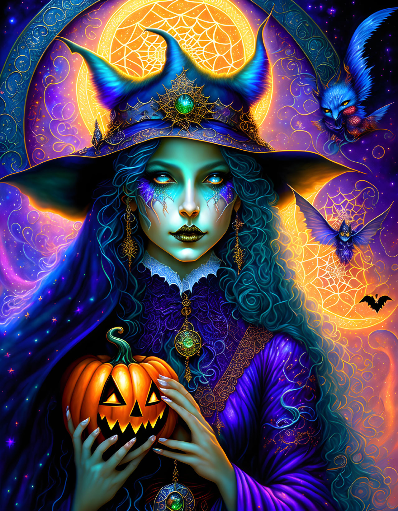 Illustration: Mystical blue witch with jack-o'-lantern, starry hat, bats,