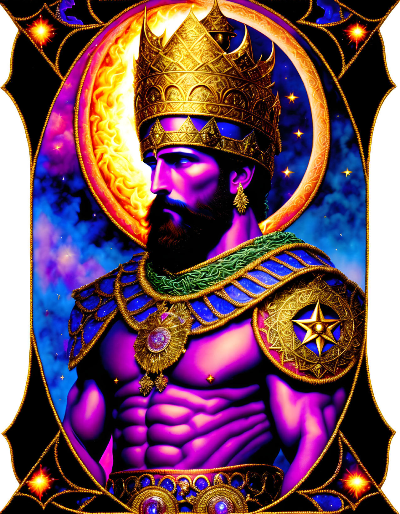 Regal bearded king in golden crown and armor on cosmic background