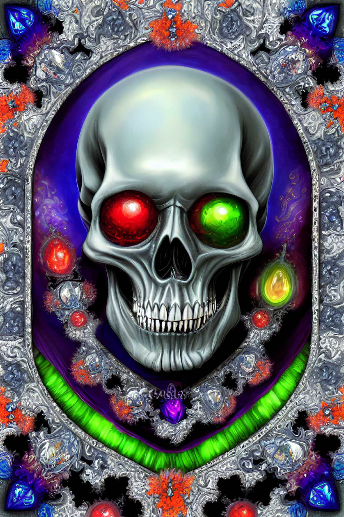 Colorful Psychedelic Skull Artwork with Glowing Eyes and Ornate Patterns