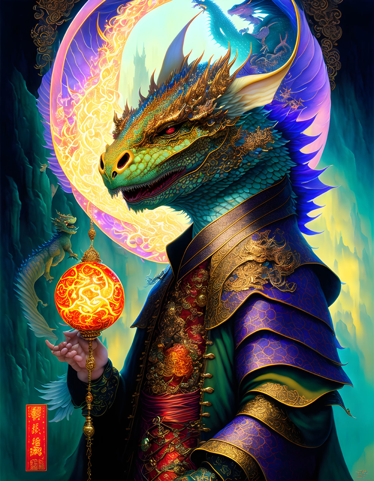 Dragon-headed humanoid figure in traditional robes holding a glowing orb with dragons in the background