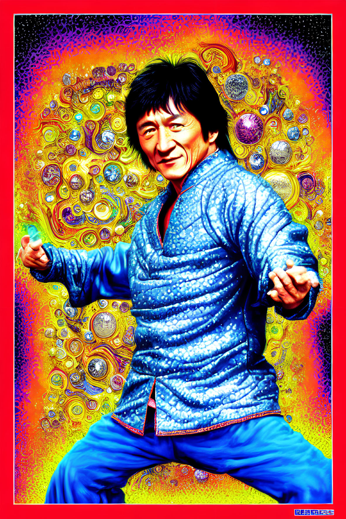 Colorful digital artwork: man in blue traditional attire performing martial arts against vibrant fractal backdrop