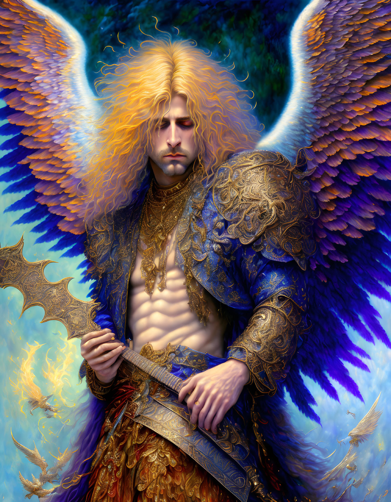 Majestic fantasy figure with golden hair, colorful wings, ornate armor, and intricate weapon.