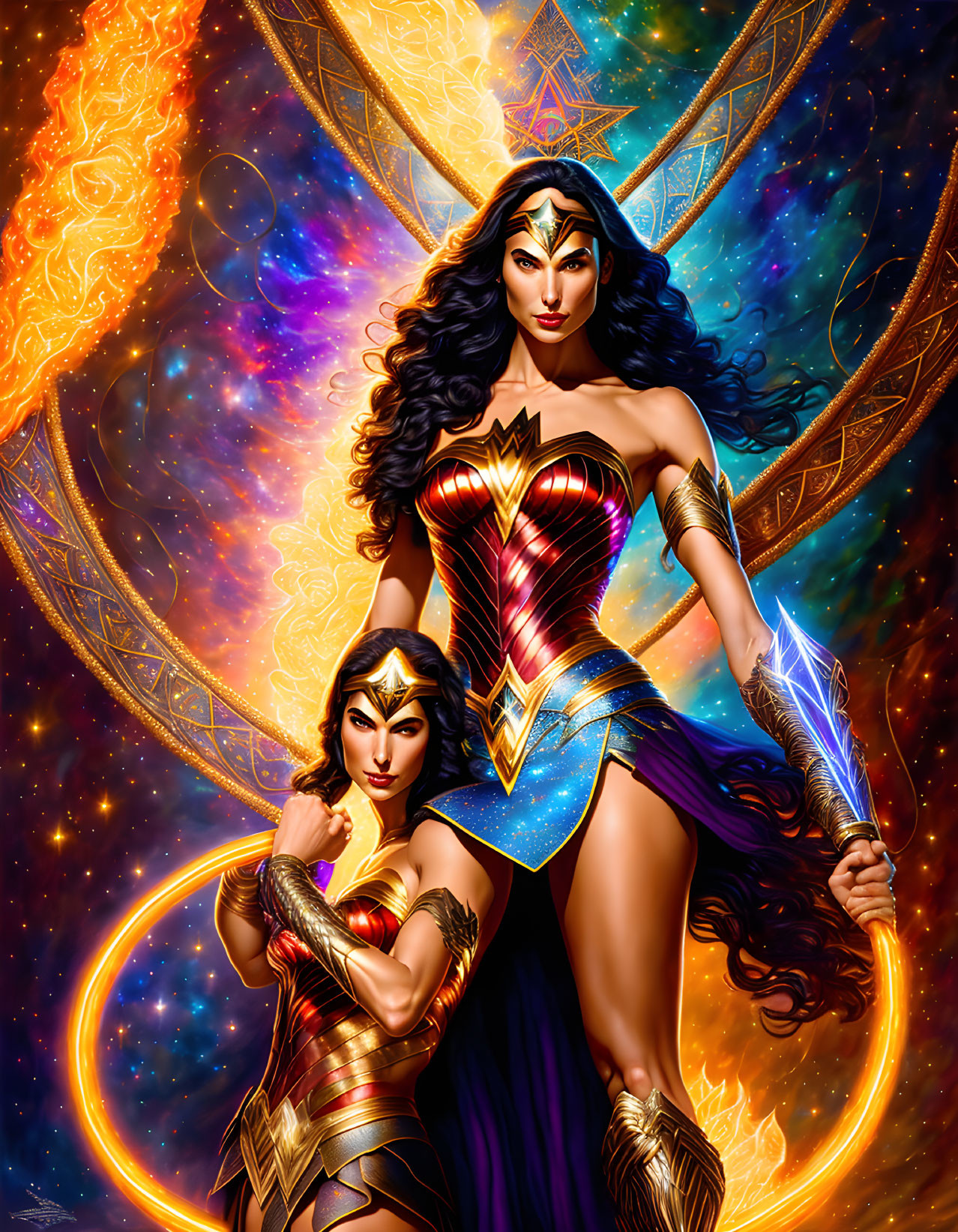 Dynamic Wonder Woman Characters in Cosmic Background with Vibrant Colors