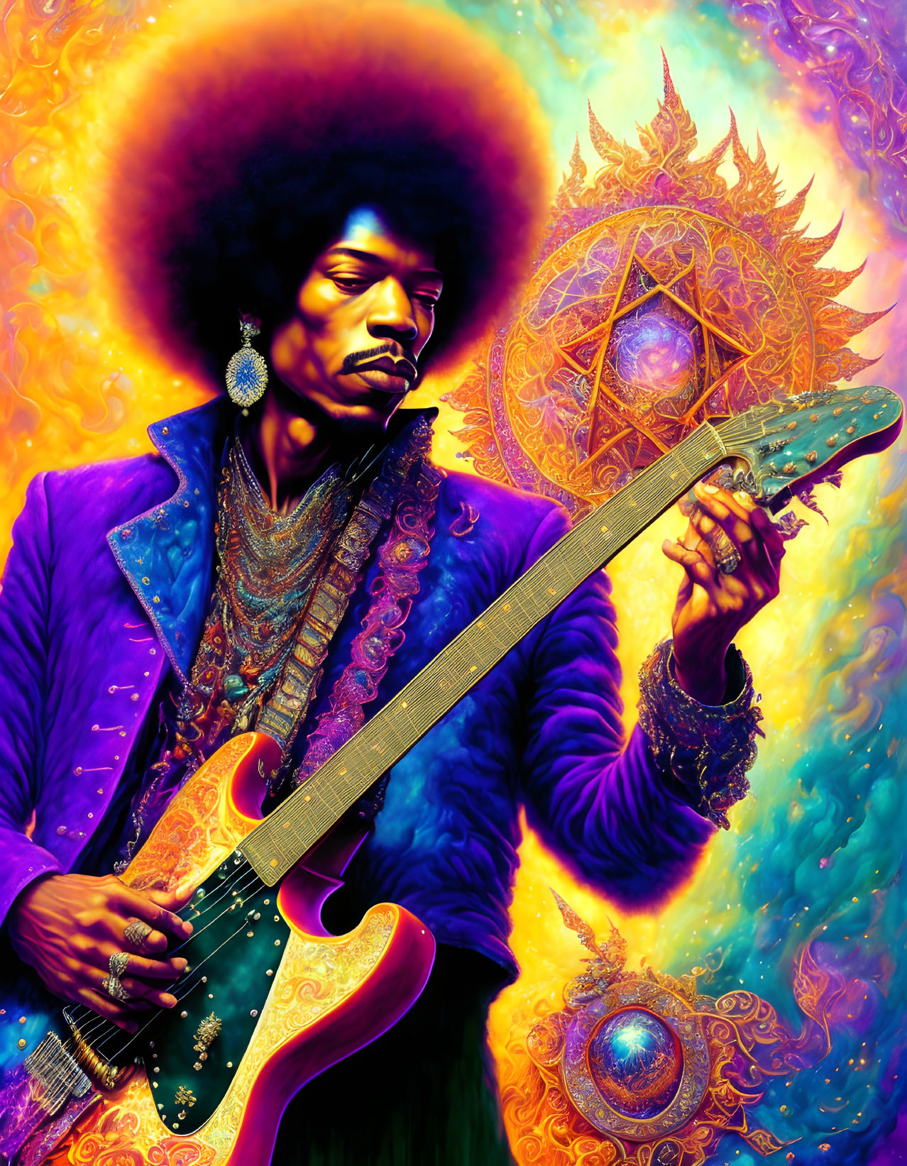 Colorful portrait of man with afro and guitar in psychedelic style