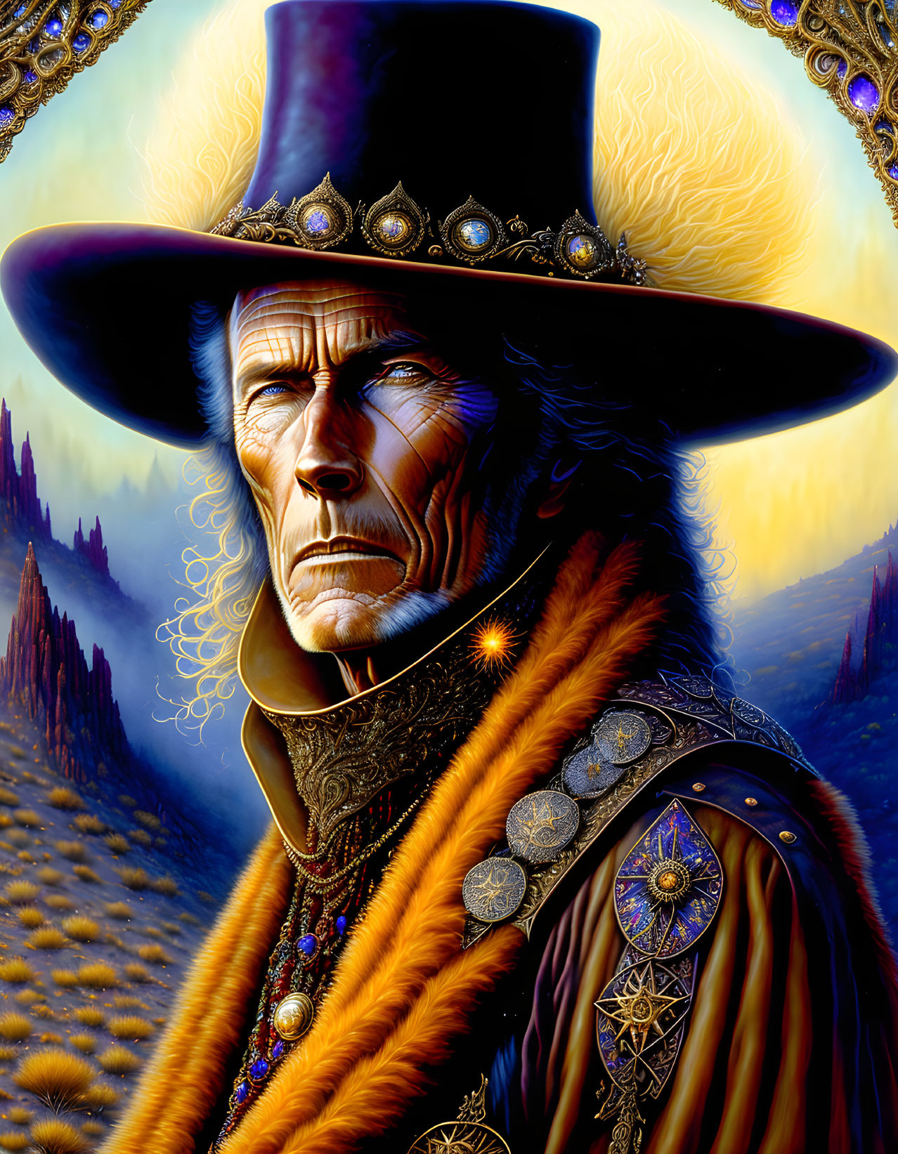 Illustrated portrait of stern-faced man in cowboy hat and ornate western attire against golden swirl backdrop