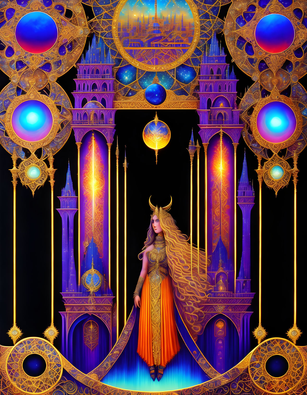 Woman in ornate attire at luminous palace with glowing orbs and intricate architecture