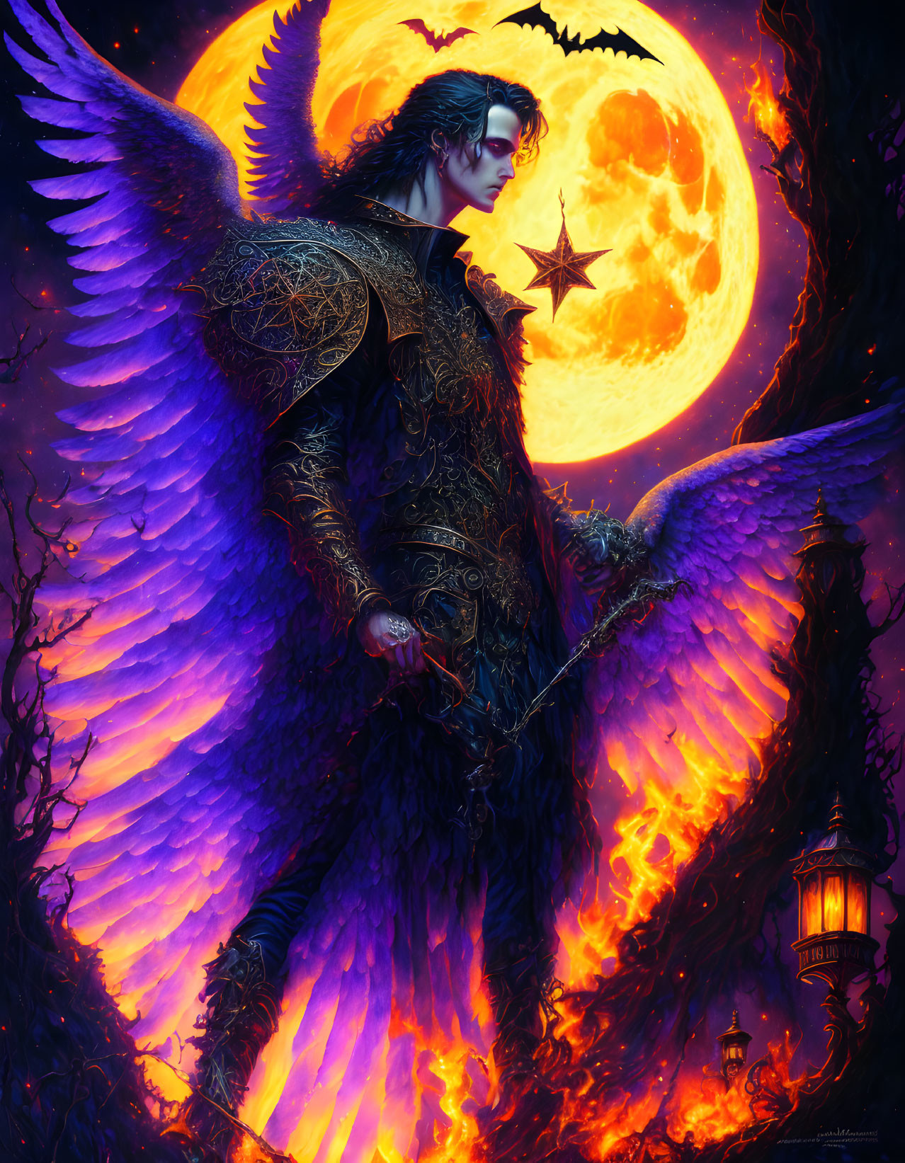 Gothic figure with purple wings and lantern under full moon