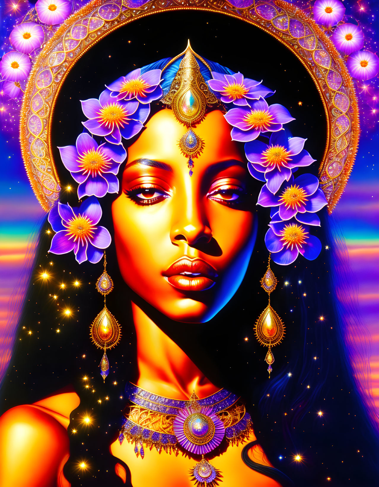 Colorful digital artwork of woman with golden jewelry and purple flowers in cosmic setting