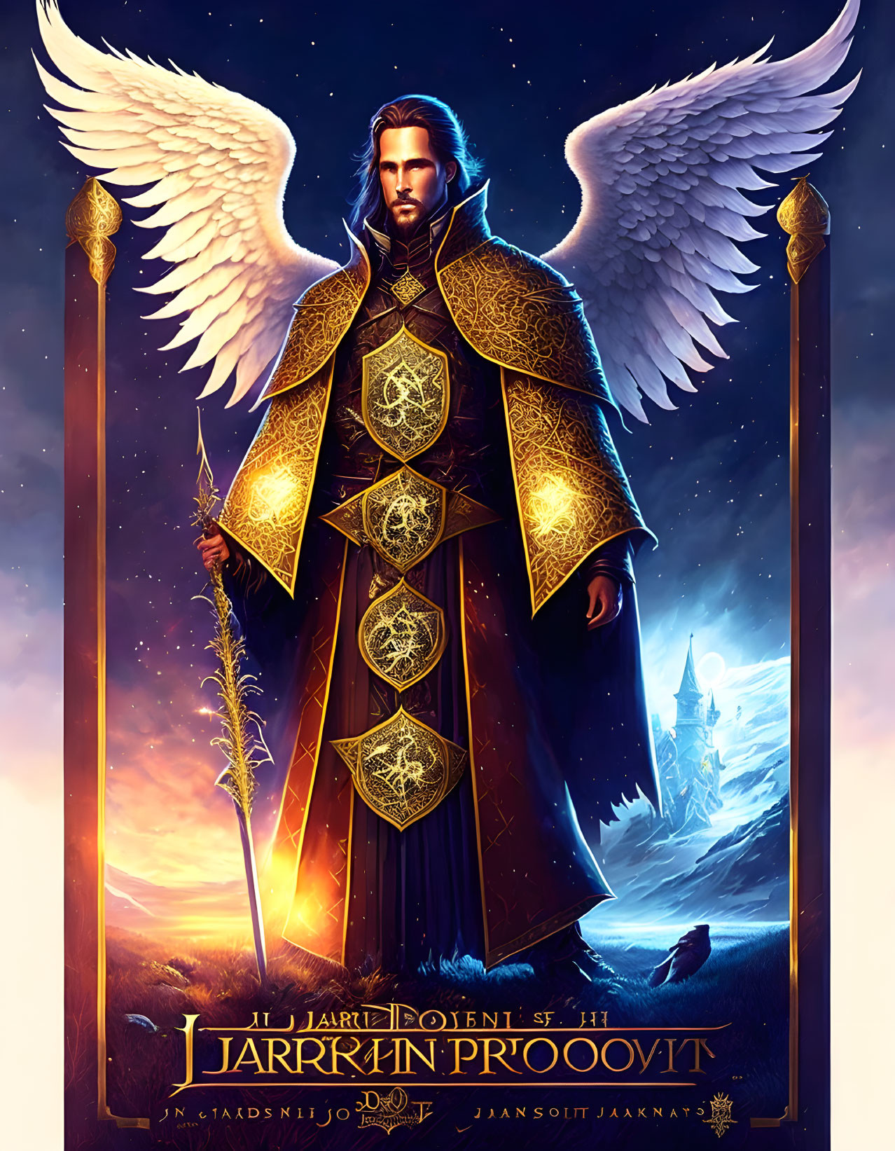 Illustrated character with angelic wings in golden armor and staff on fantasy backdrop