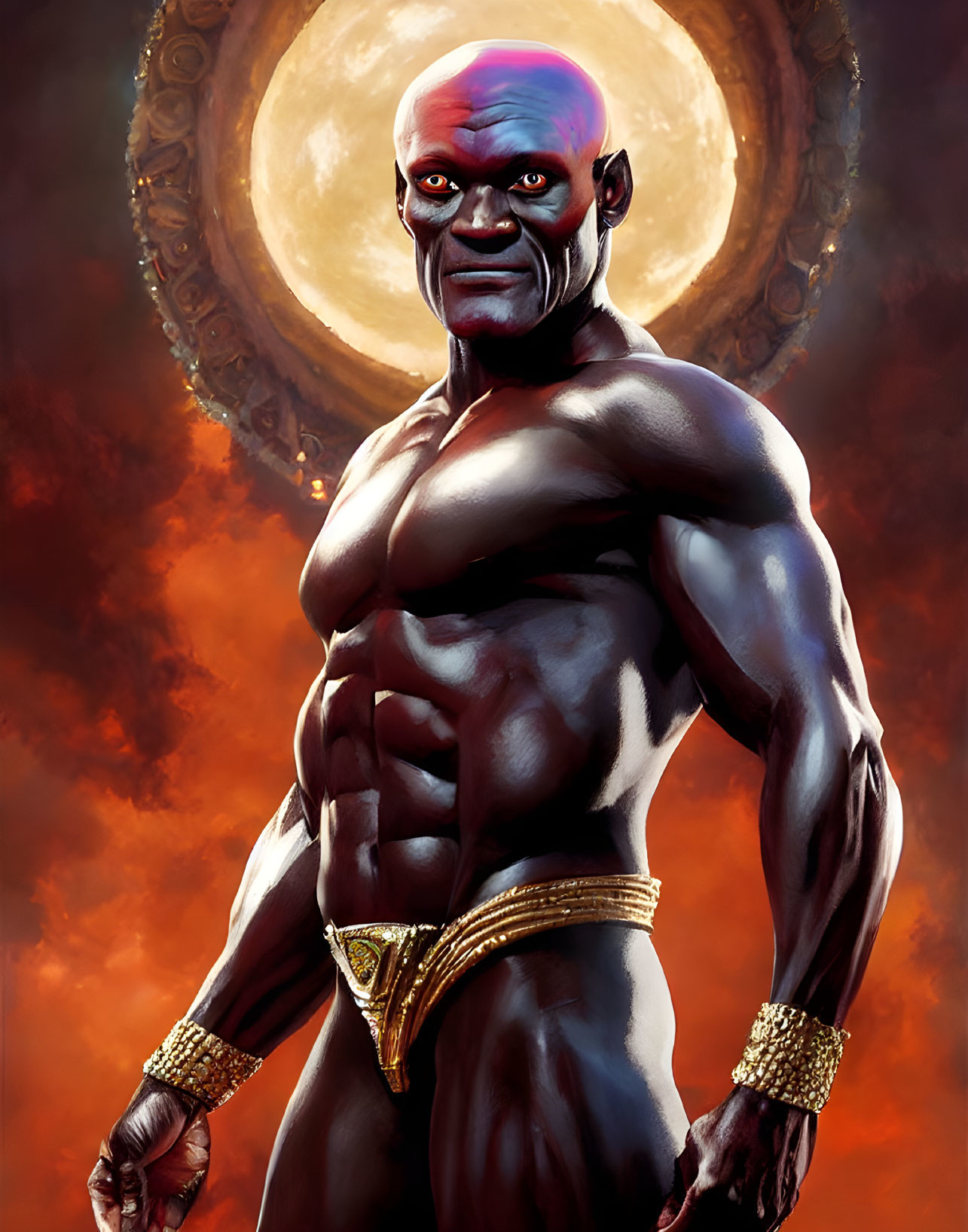 Red-skinned muscular humanoid in powerful pose under moonlight