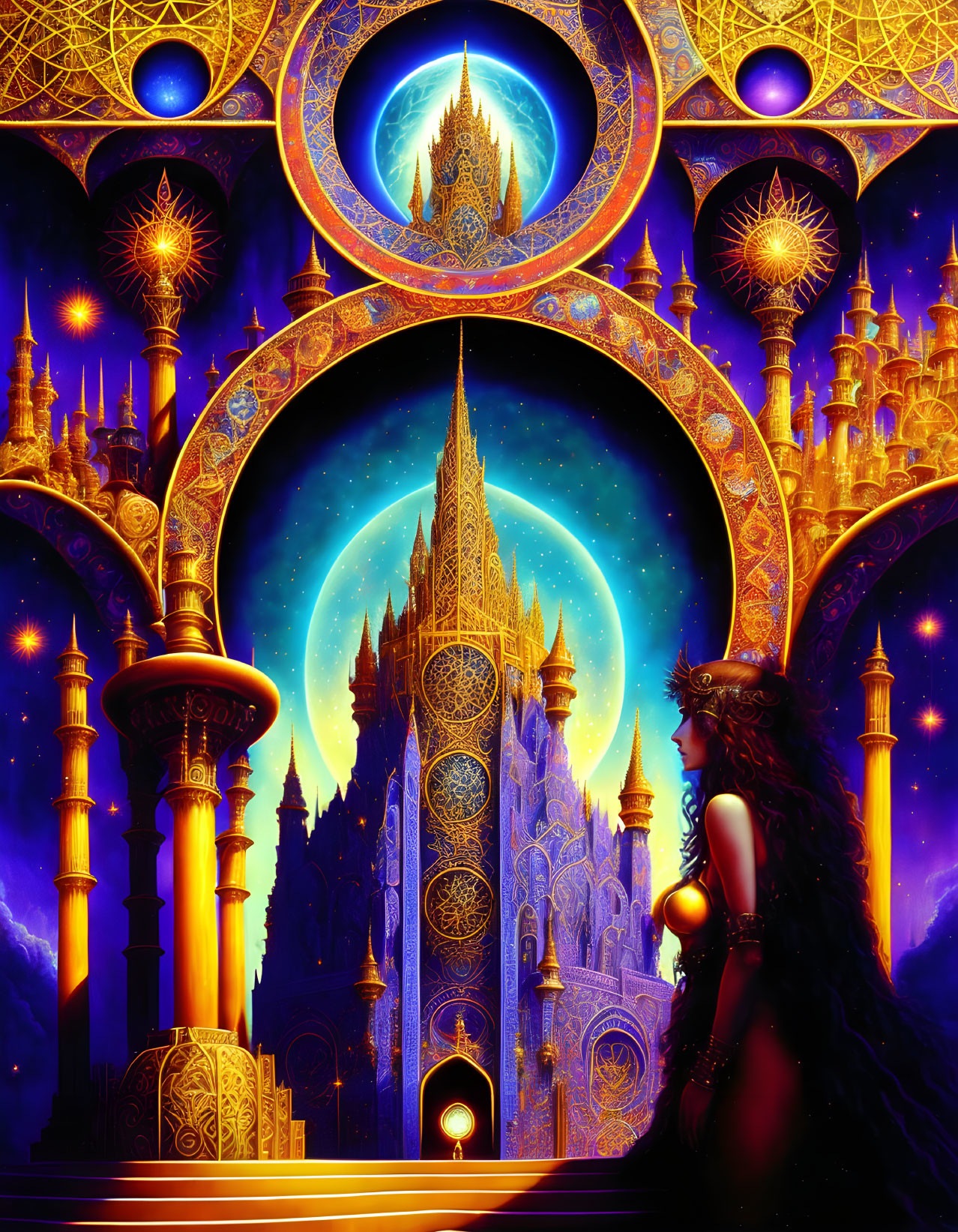 Vibrant illustration: Woman admiring glowing castle amid celestial architecture.