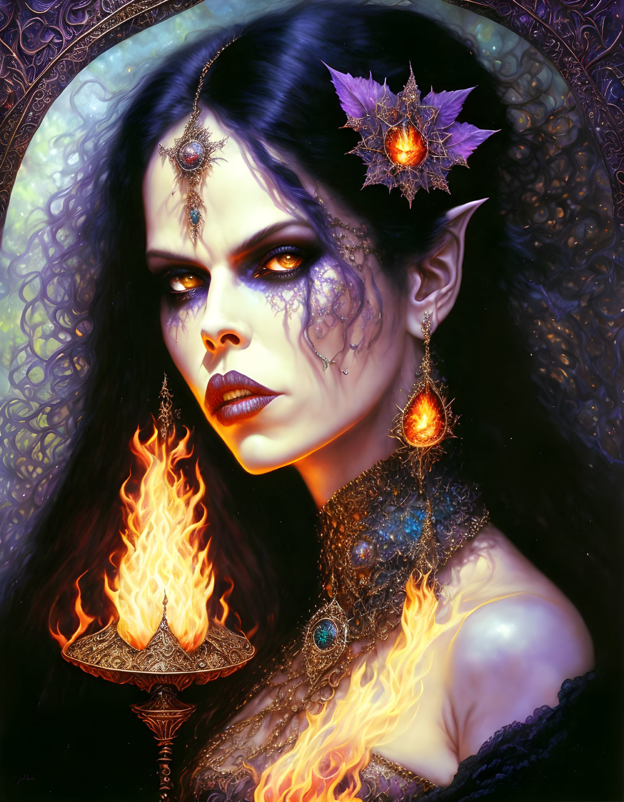 Dark-haired female figure with mystical tattoos and fiery accessories in intense gaze against decorative background