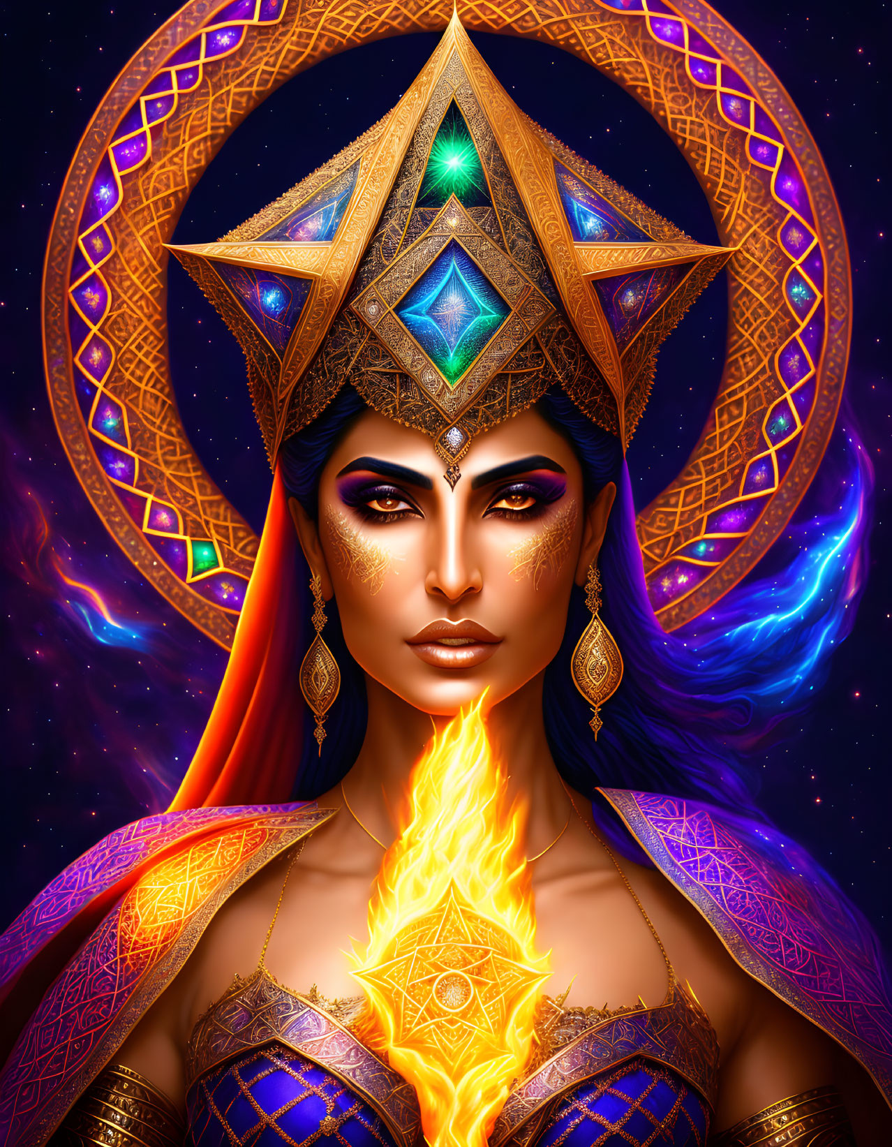 Majestic woman adorned with golden jewelry and fiery symbol, wearing geometric headdress against cosmic backdrop