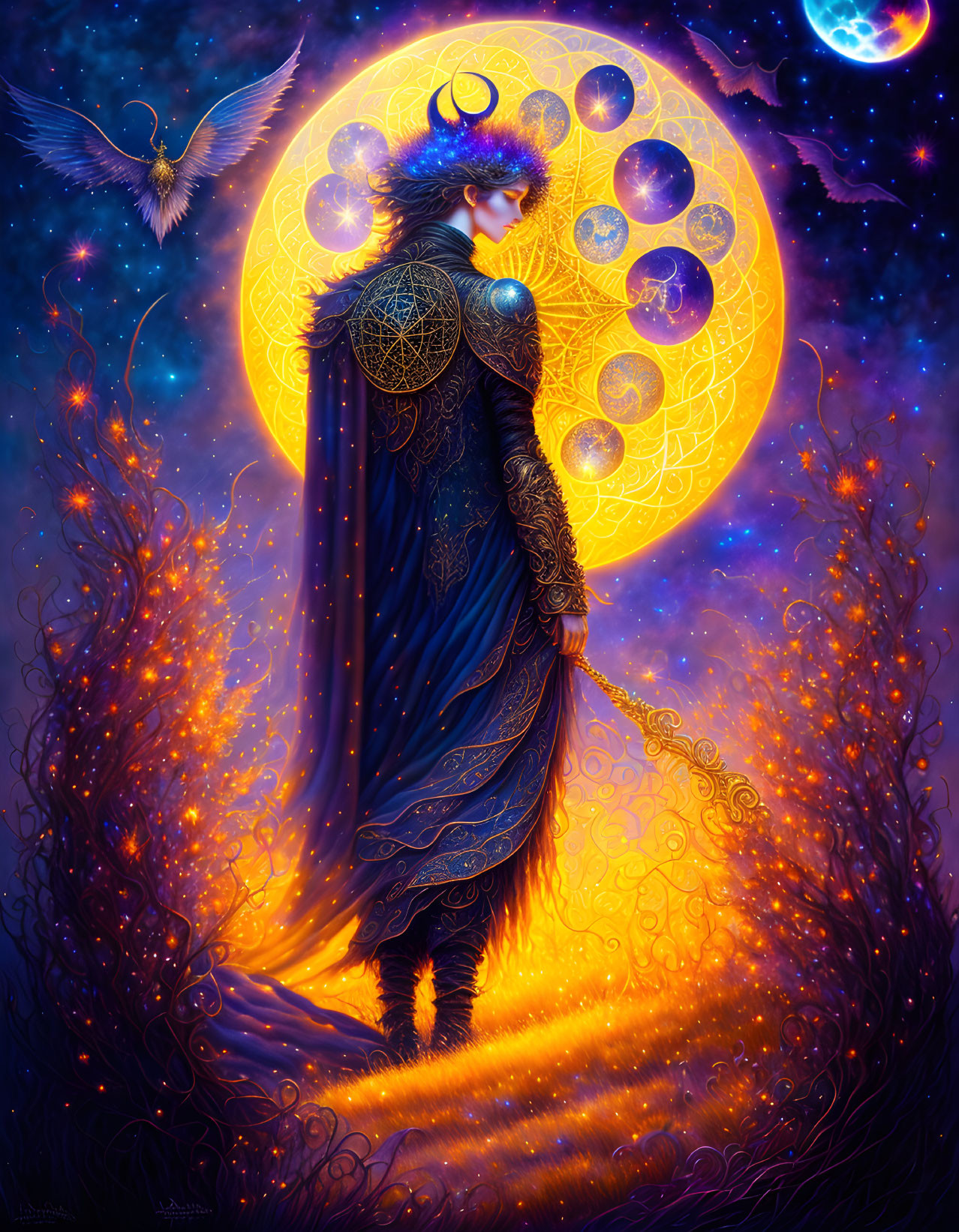 Fantastical digital artwork: Figure in blue robe with glowing orbs, starry sky, full moon