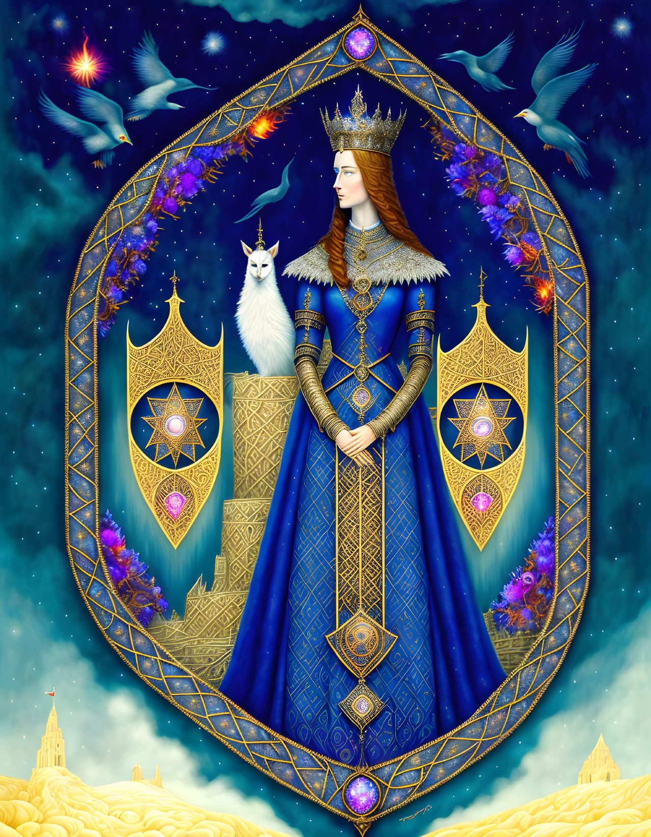 Regal figure in blue gown with crown and white cat, banners, crystals, birds, starry