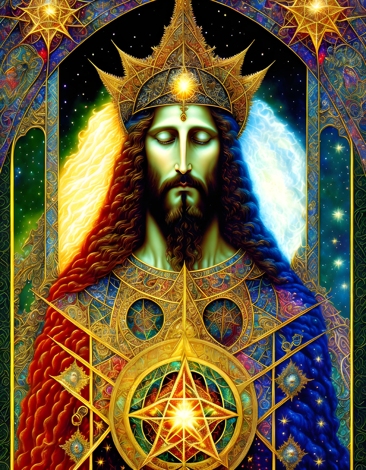 Regal figure with crown and glowing aura in intricate artwork