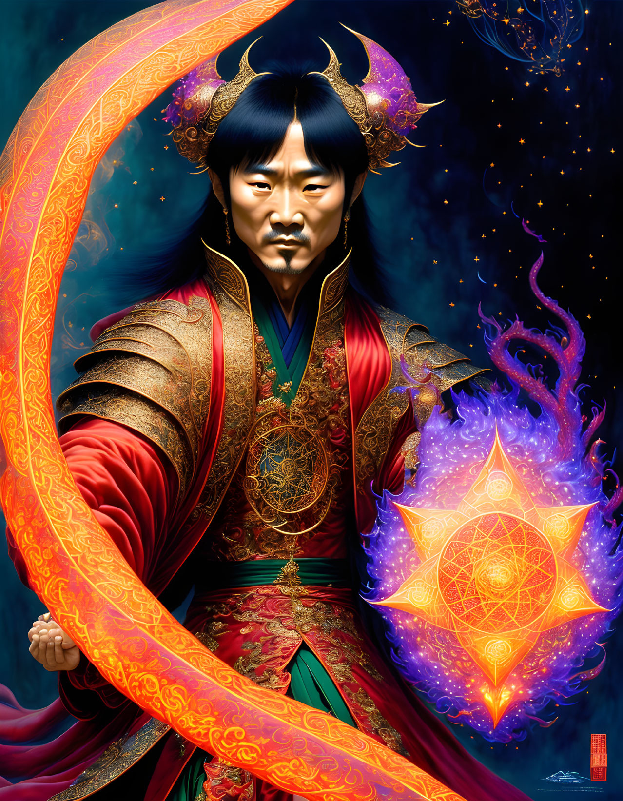 Illustration of man in East Asian armor with mystical energy orb